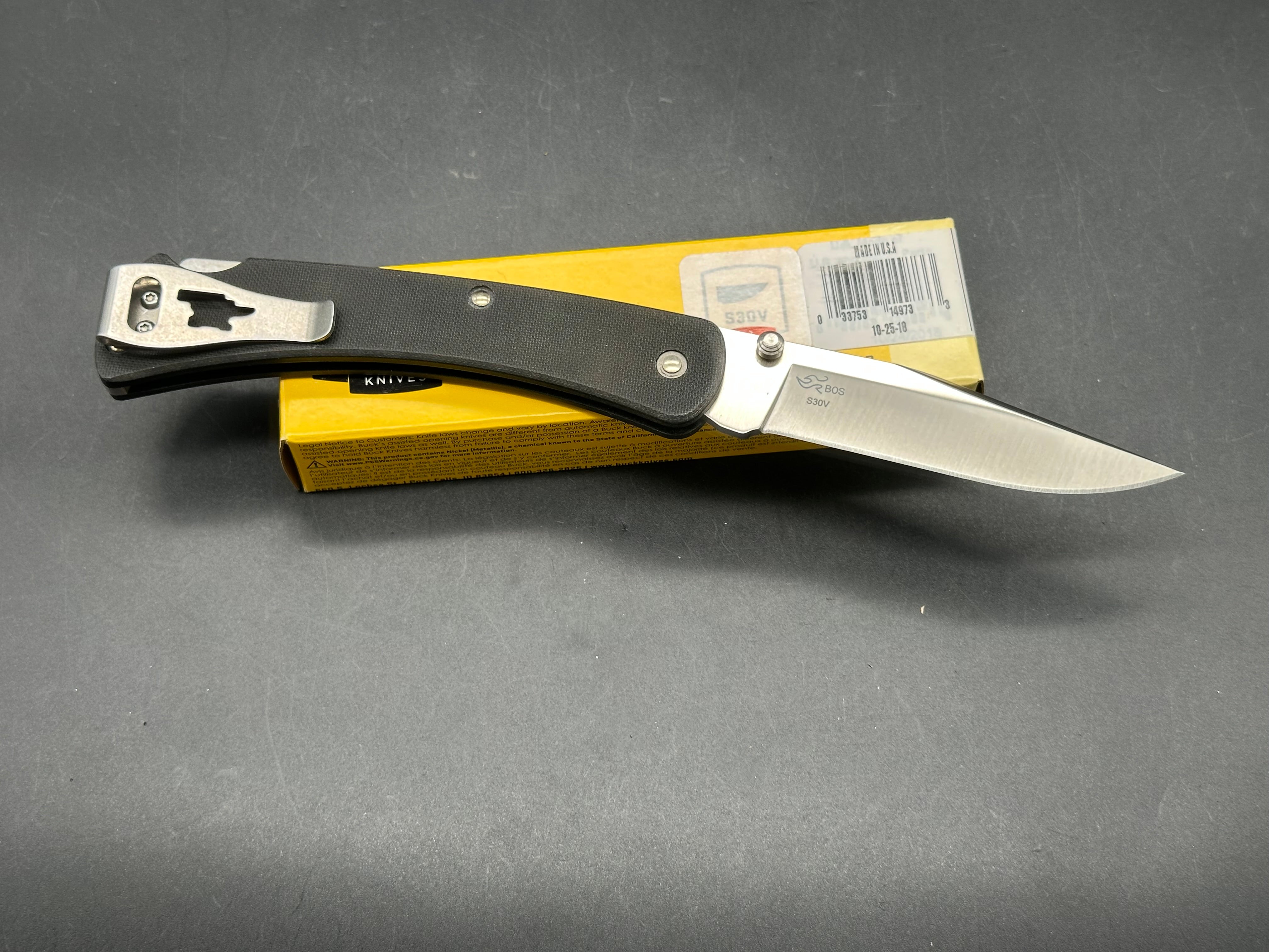 Buck 110 Slim PRO, 3.75" CPM S30V Satin Clip Point, Lockback with Black G 10 Scales