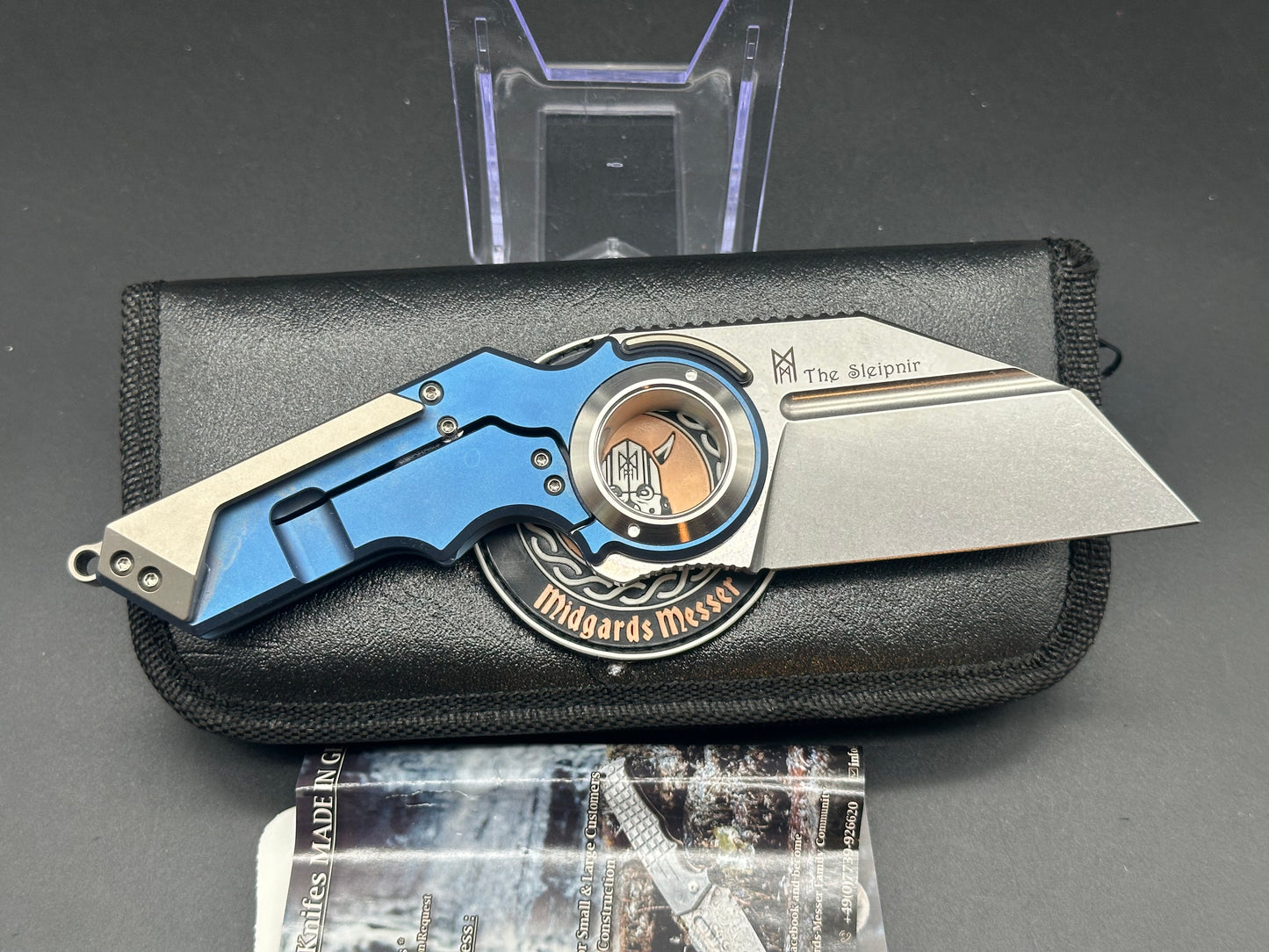 MIDGARDS MESSER SLEIPNIR FOLDING KNIFE BLUE TITANIUM HANDLE D2 PLAIN EDGE LIMITED