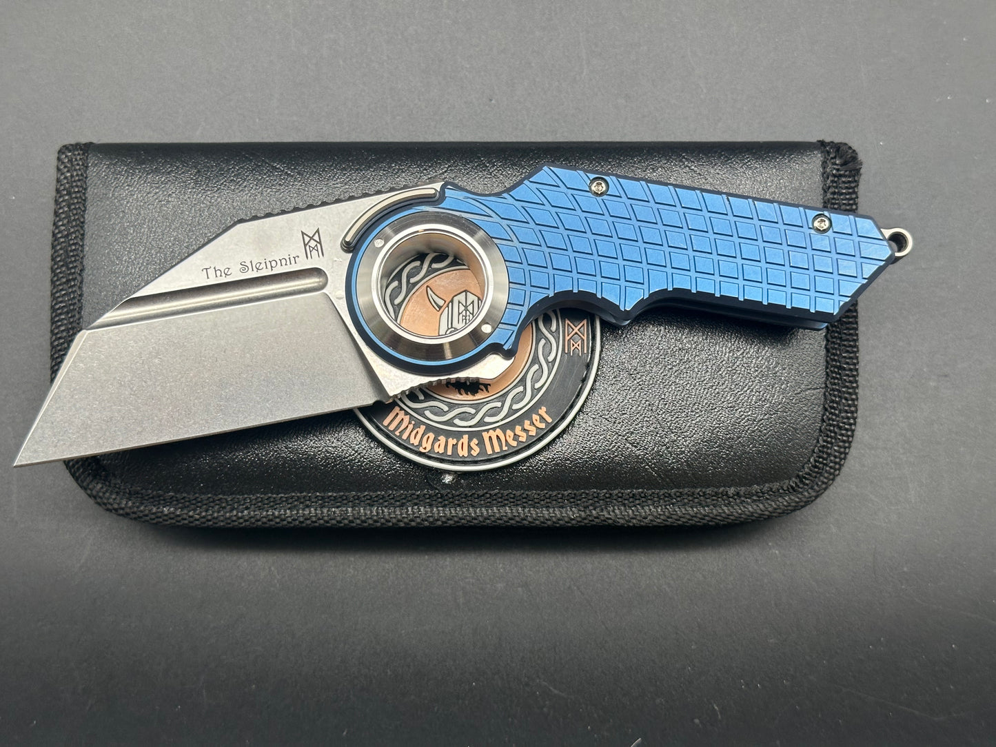 MIDGARDS MESSER SLEIPNIR FOLDING KNIFE BLUE TITANIUM HANDLE D2 PLAIN EDGE LIMITED