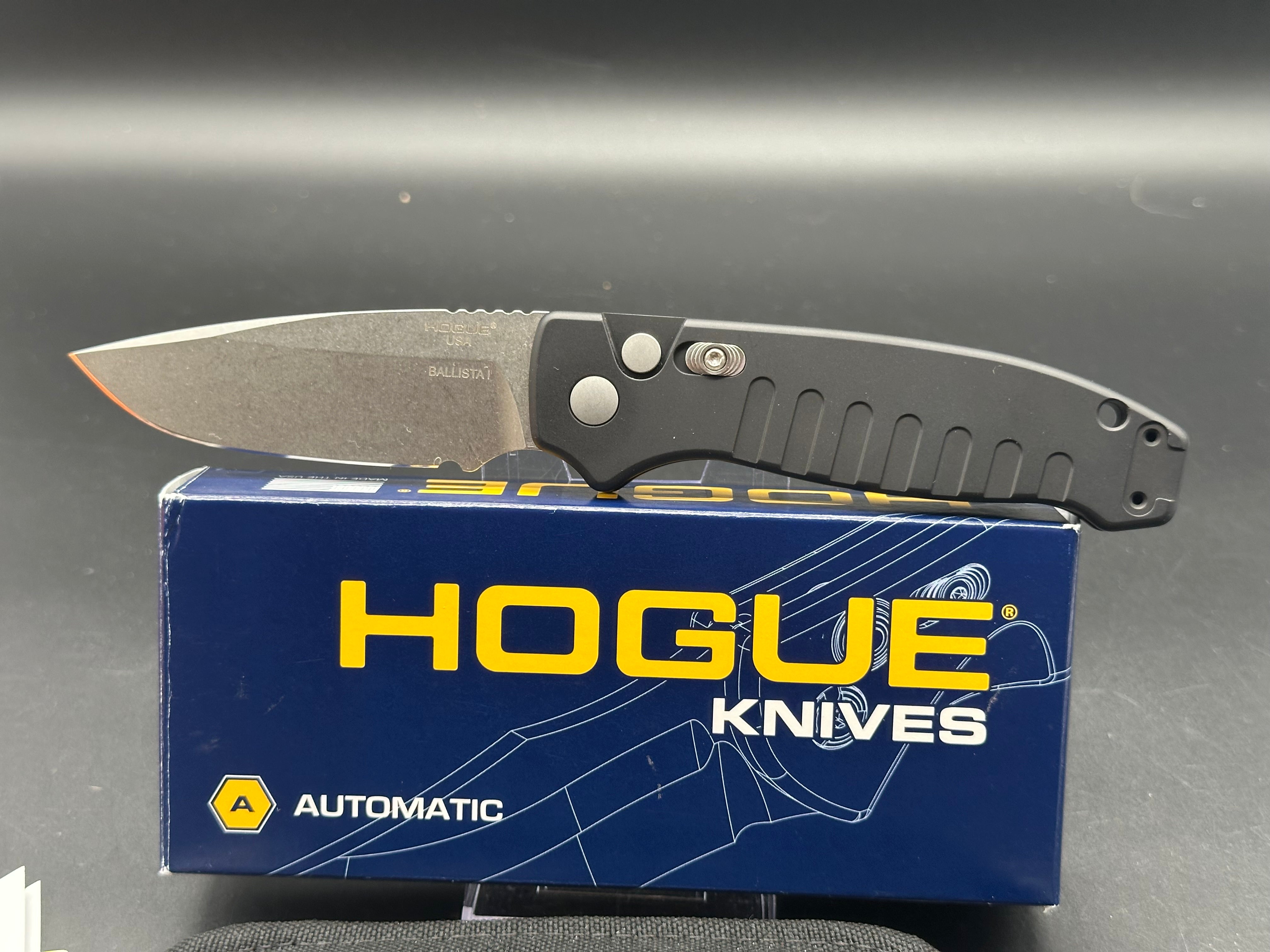 Hogue Ballista Drop Point Auto Black Aluminum 3.5" Blade – 154CM Steel. Button Lock