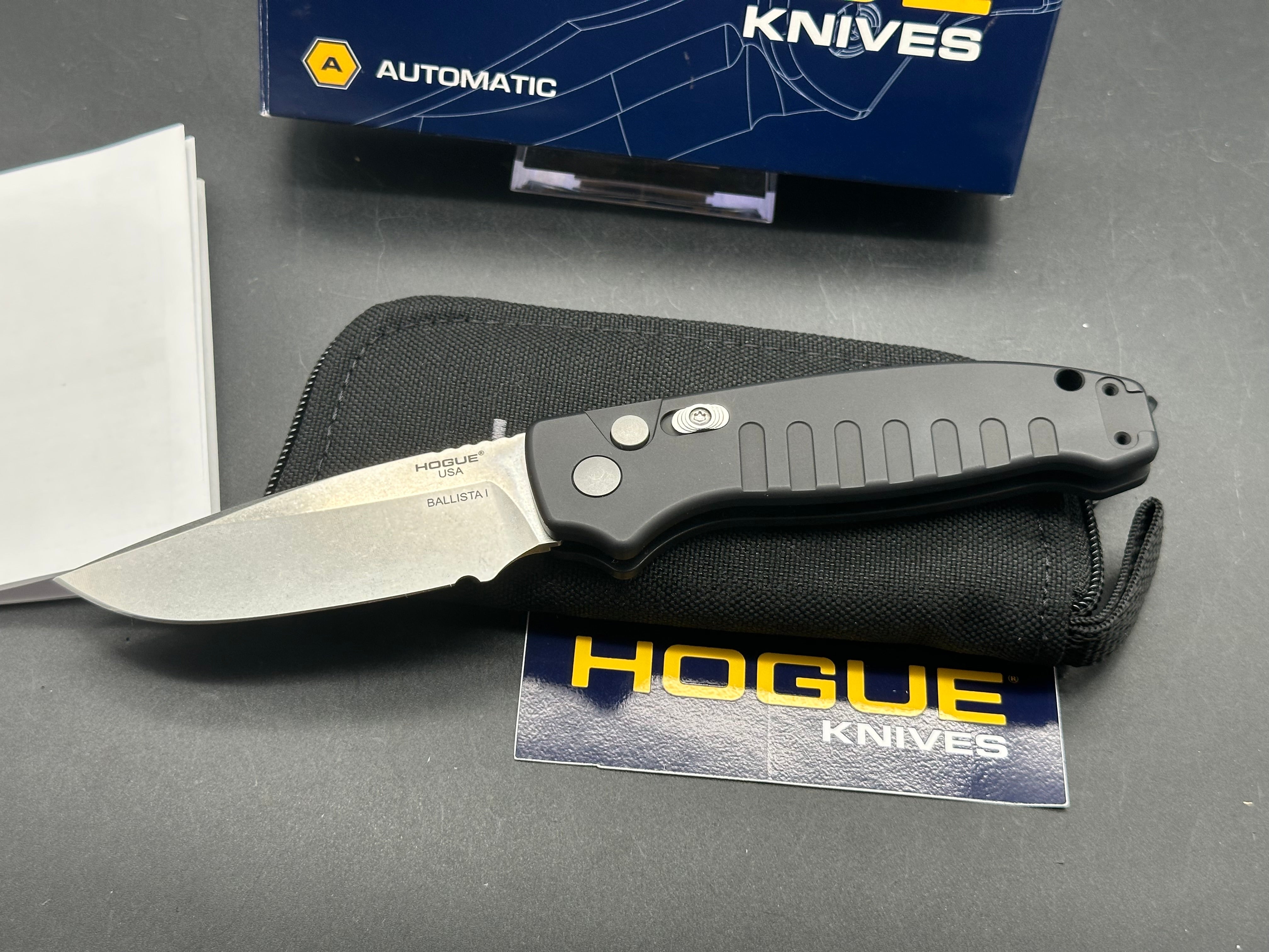 Hogue Ballista Drop Point Auto Black Aluminum 3.5" Blade – 154CM Steel. Button Lock