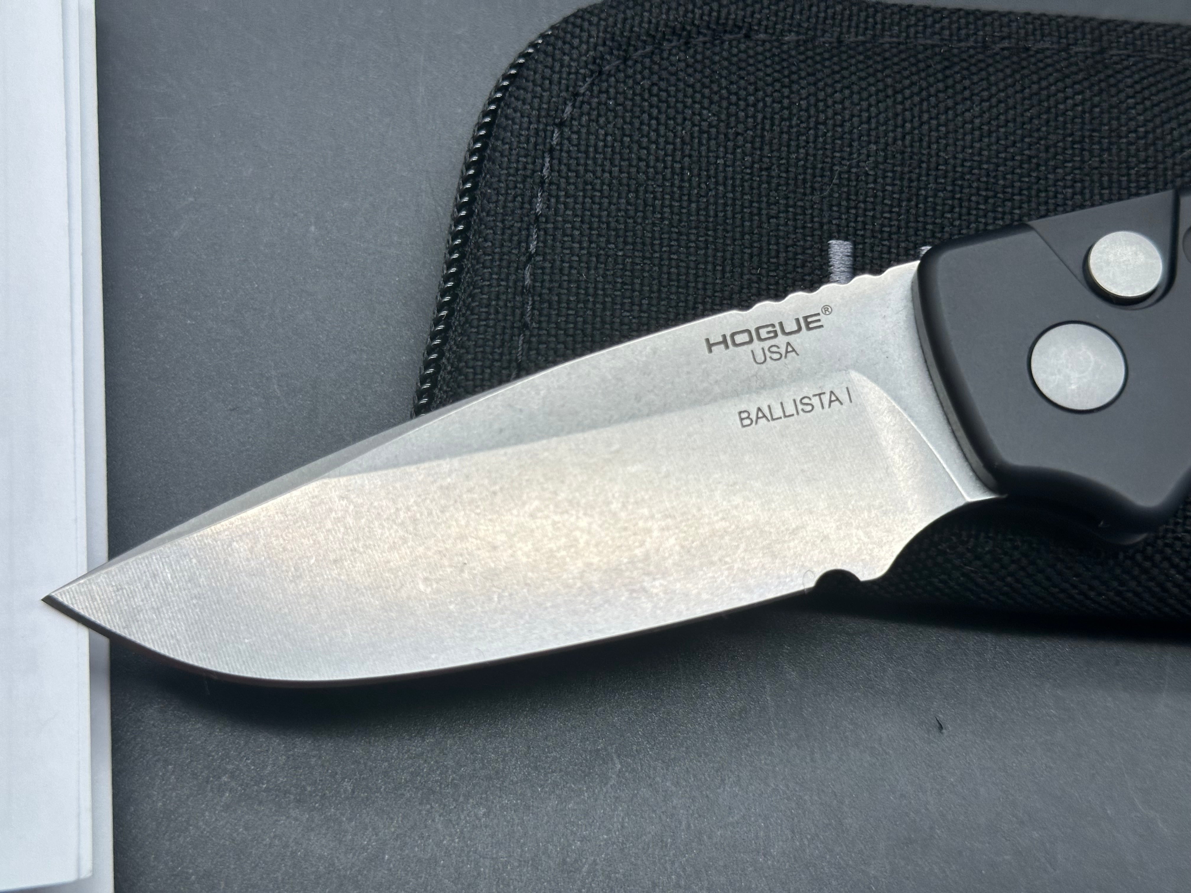 Hogue Ballista Drop Point Auto Black Aluminum 3.5" Blade – 154CM Steel. Button Lock