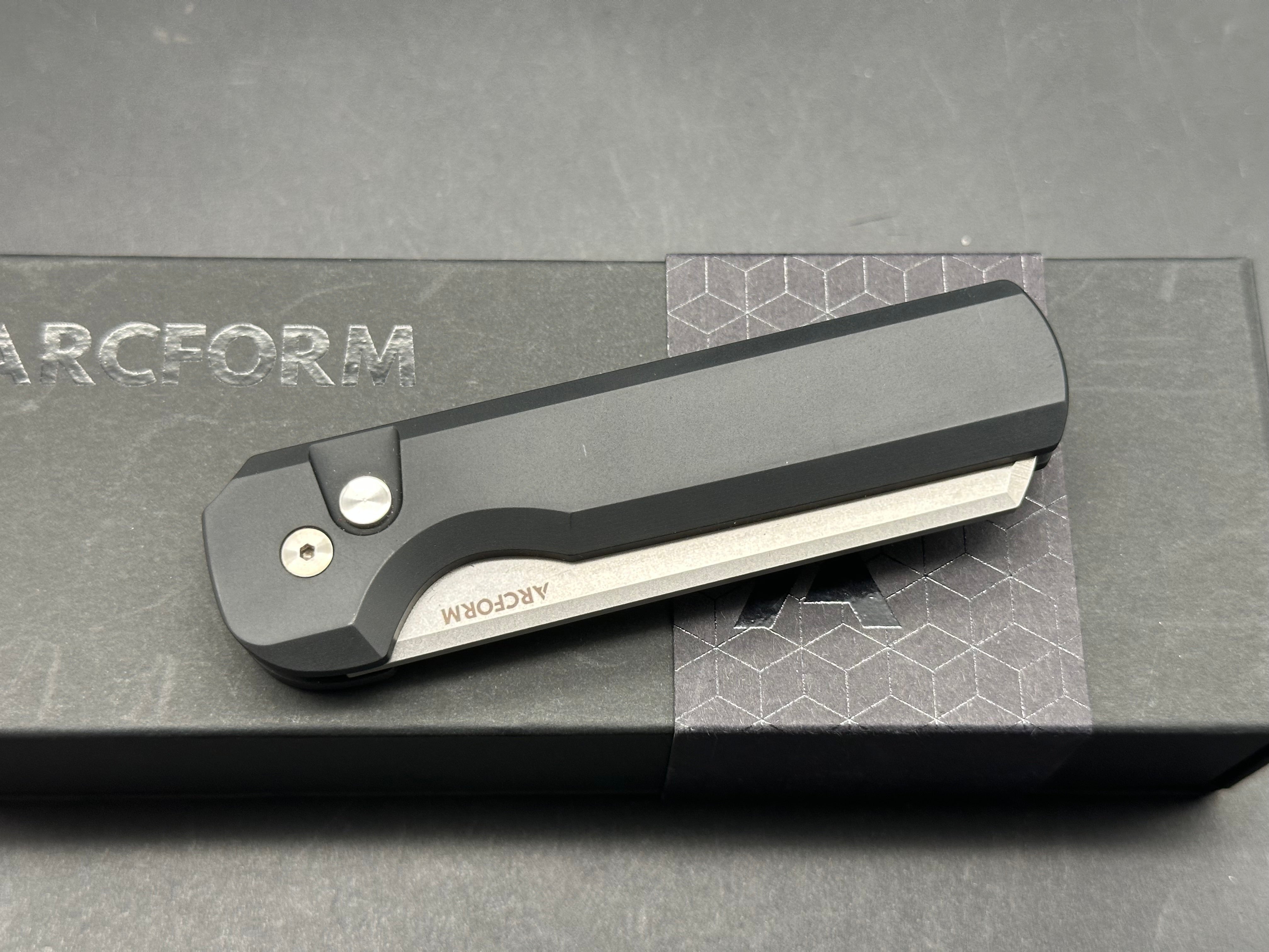 Arcform Slimfoot Auto Knife Black Aluminum 3.125" Stonewash Sheepsfoot 154CM Blade