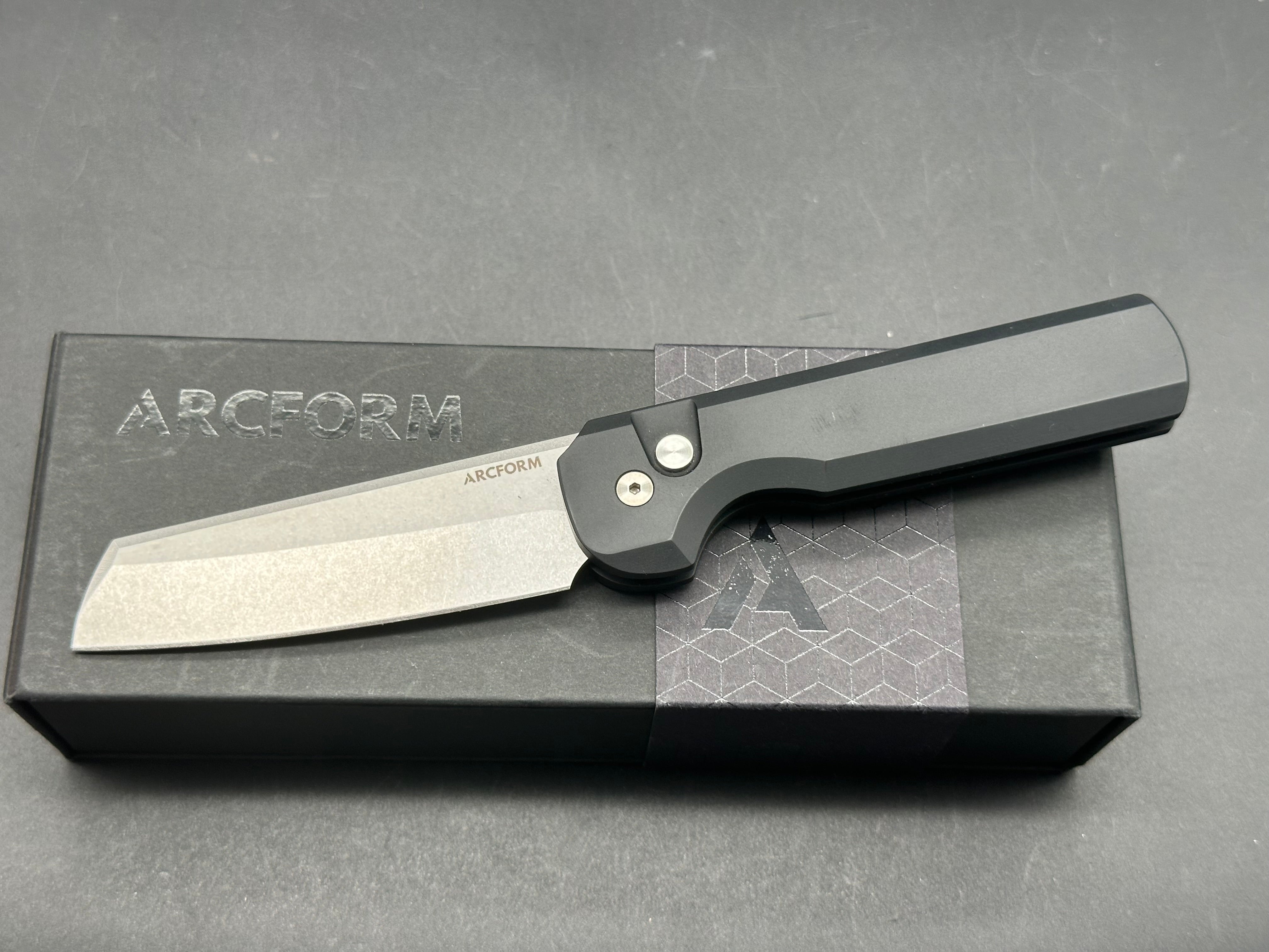 Arcform Slimfoot Auto Knife Black Aluminum 3.125" Stonewash Sheepsfoot 154CM Blade