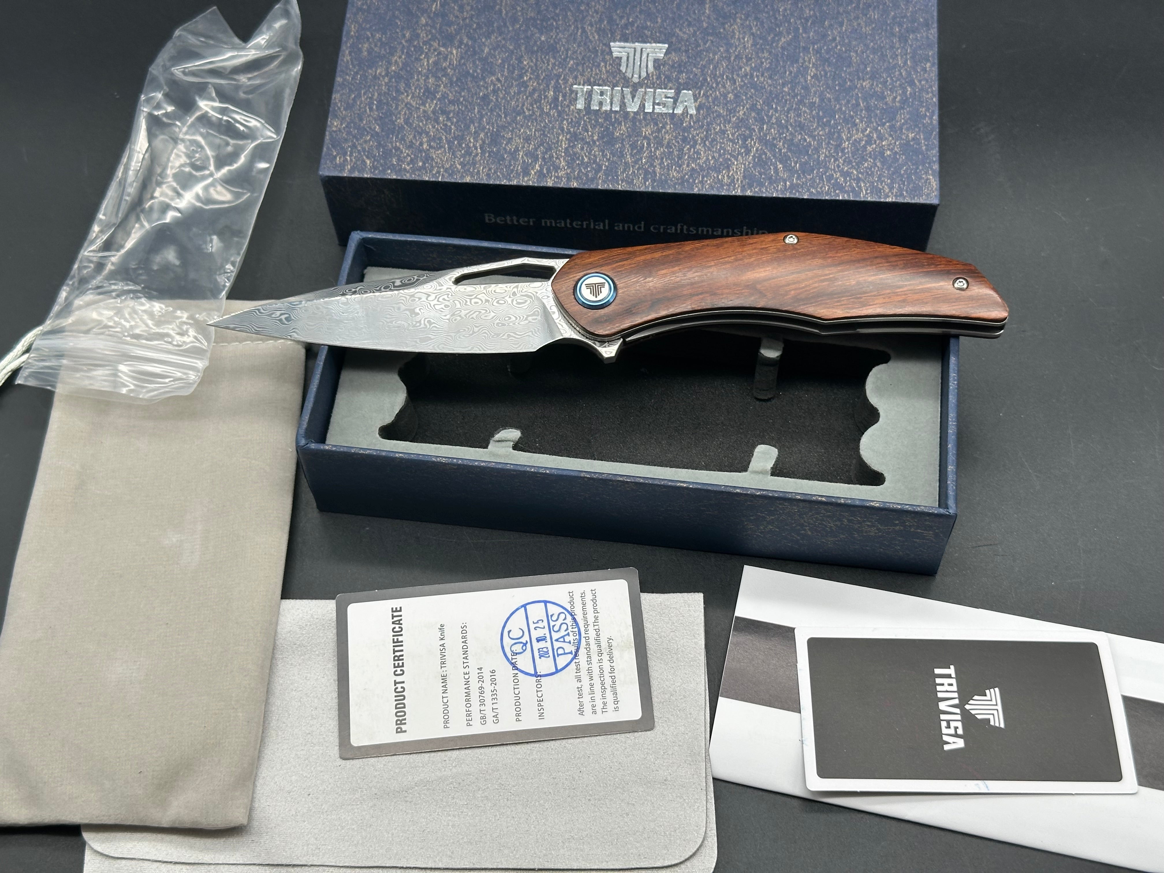 TRIVISA TAURUS FOLDING KNIFE WOOD HANDLE DAMASCUS