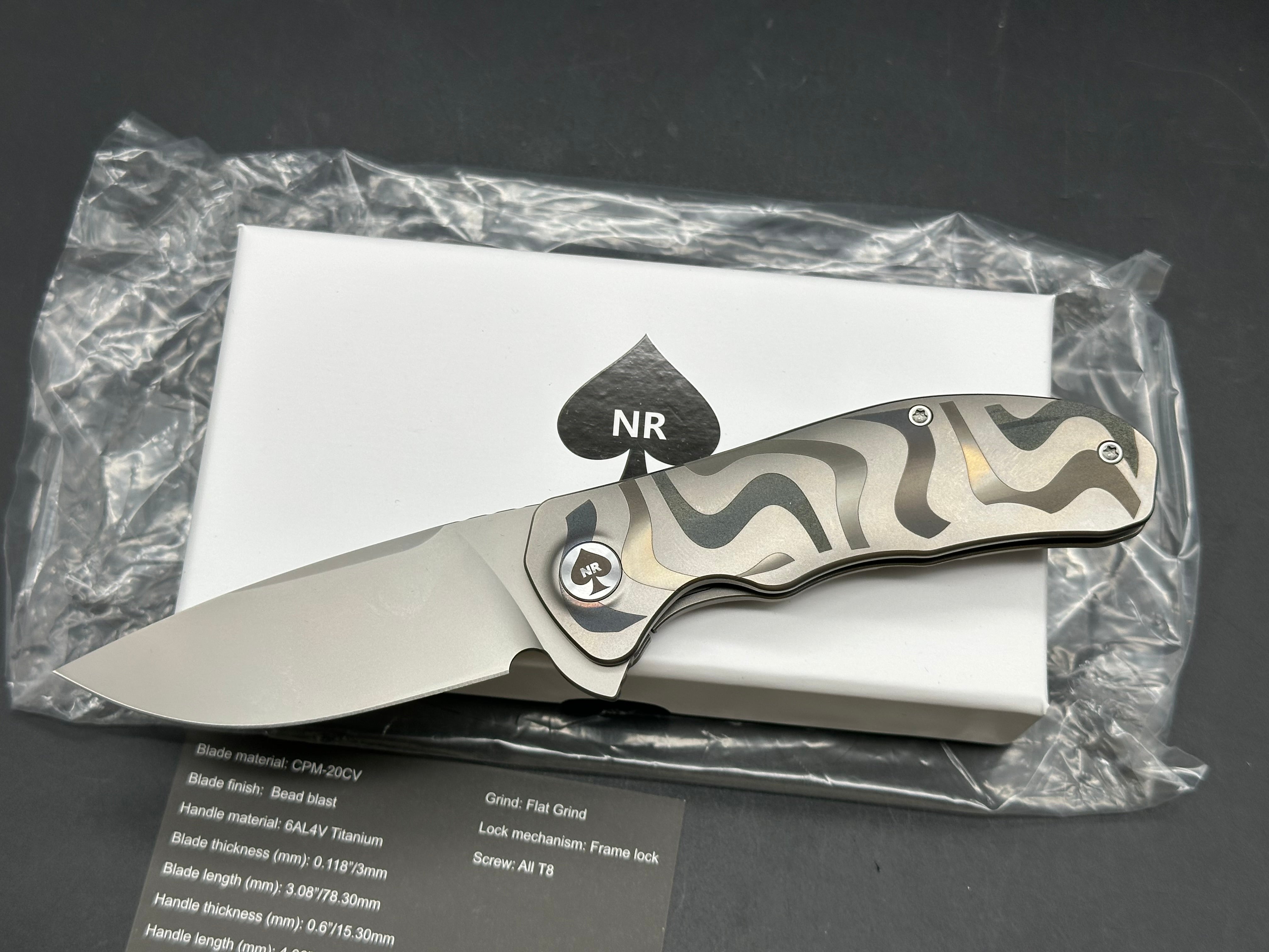 NRiggi Knives "JERSEY" Laser Engraved Titanium Scales w/CPM 20CV bead blast blade (wave pattern)