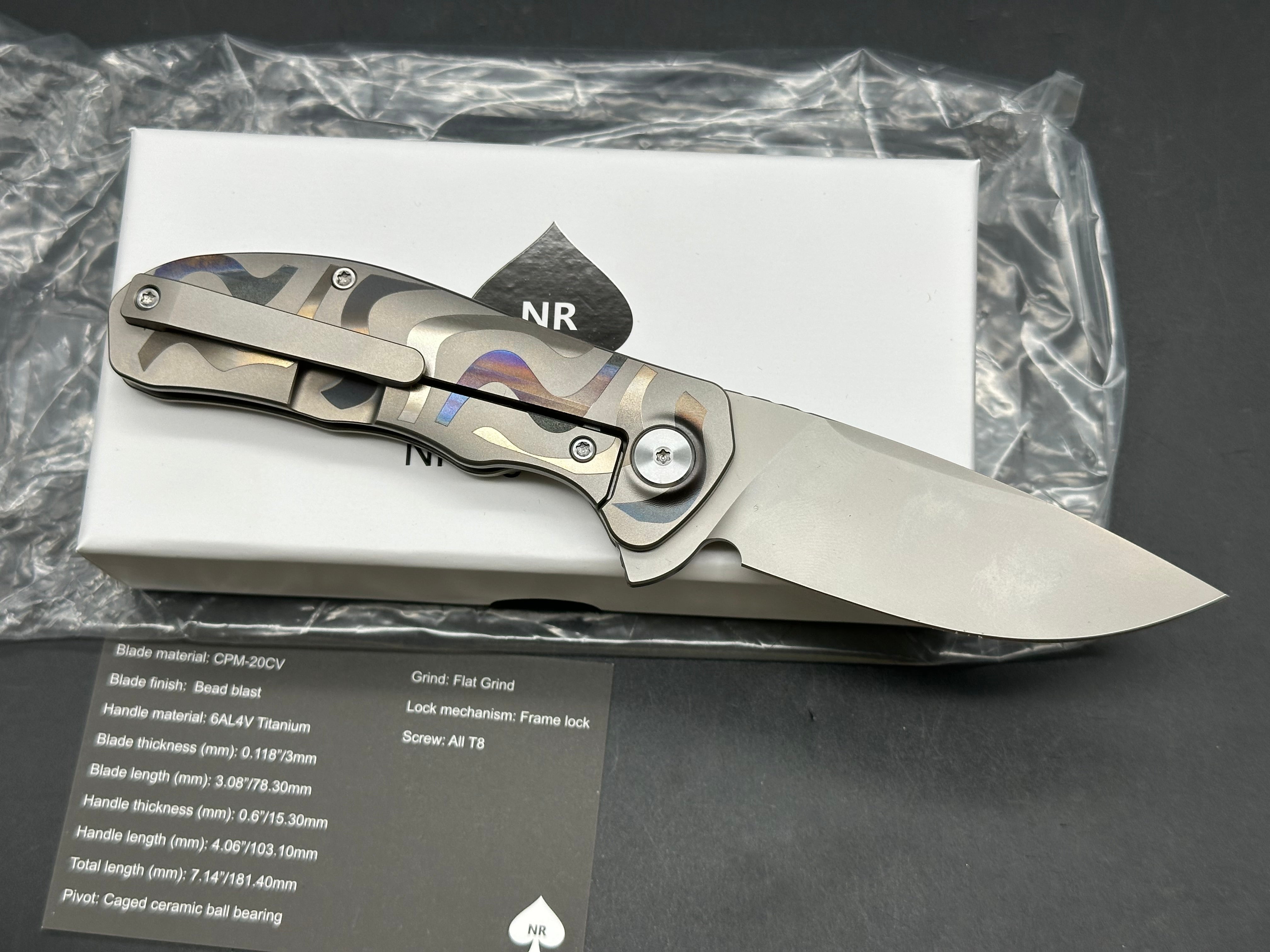 NRiggi Knives "JERSEY" Laser Engraved Titanium Scales w/CPM 20CV bead blast blade (wave pattern)