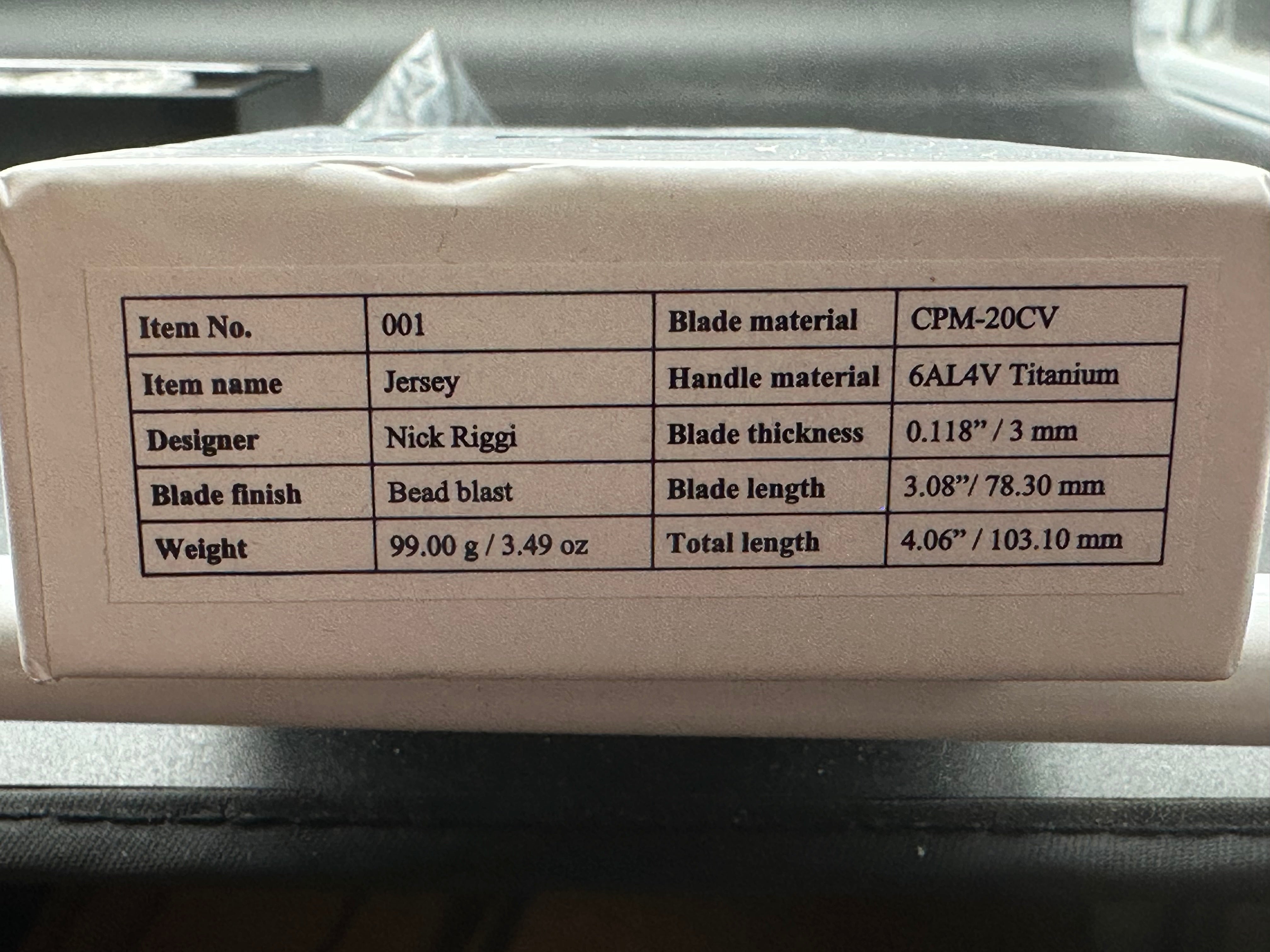 NRiggi Knives "JERSEY" Laser Engraved Wave Titanium Scales w/CPM 20CV bead blast blade