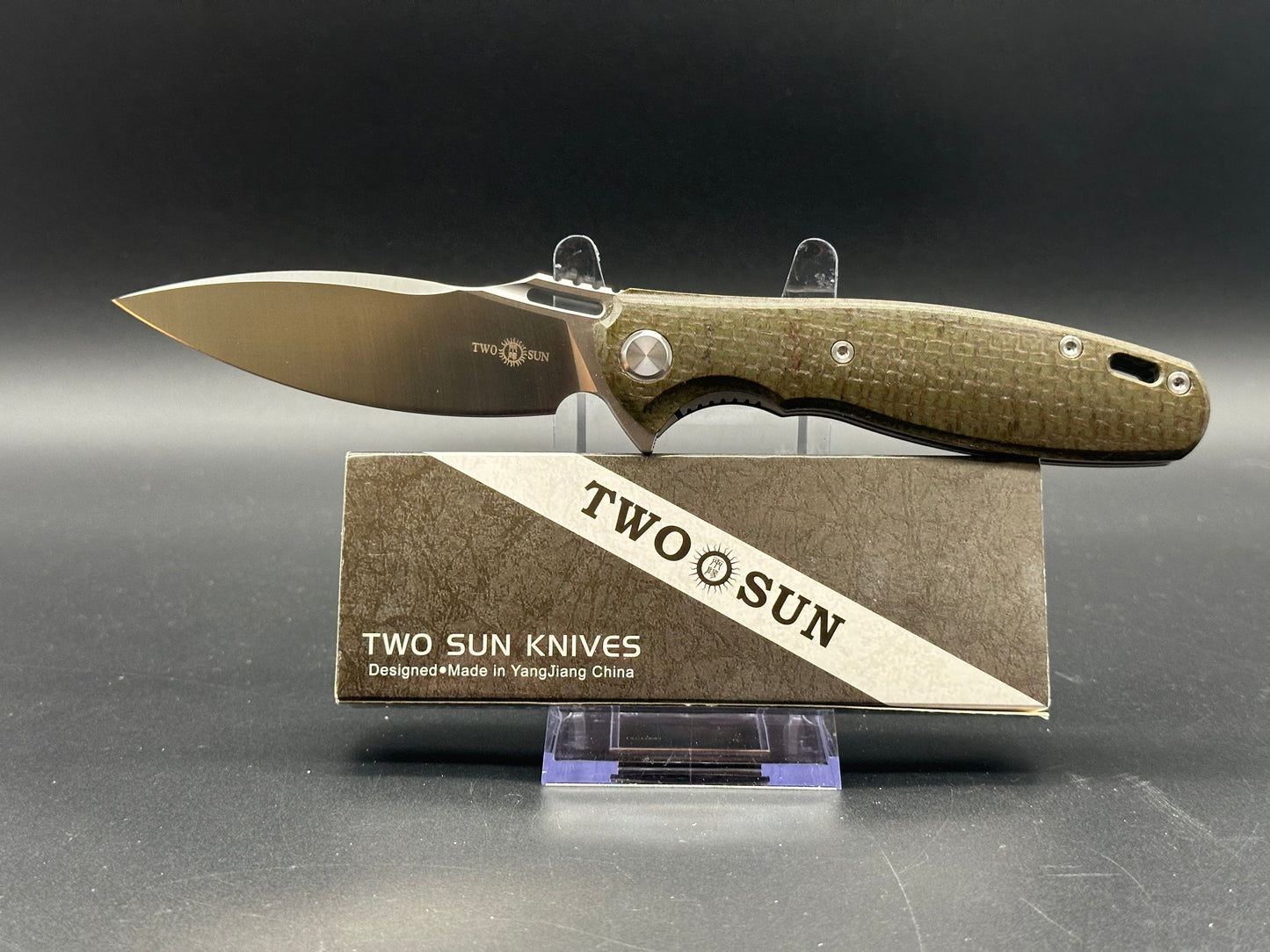 TWOSUN TS162 D2 MICARTA FLIPPER POCKET KNIFE GREEN MICARTA HANDLE PLAIN EDGE