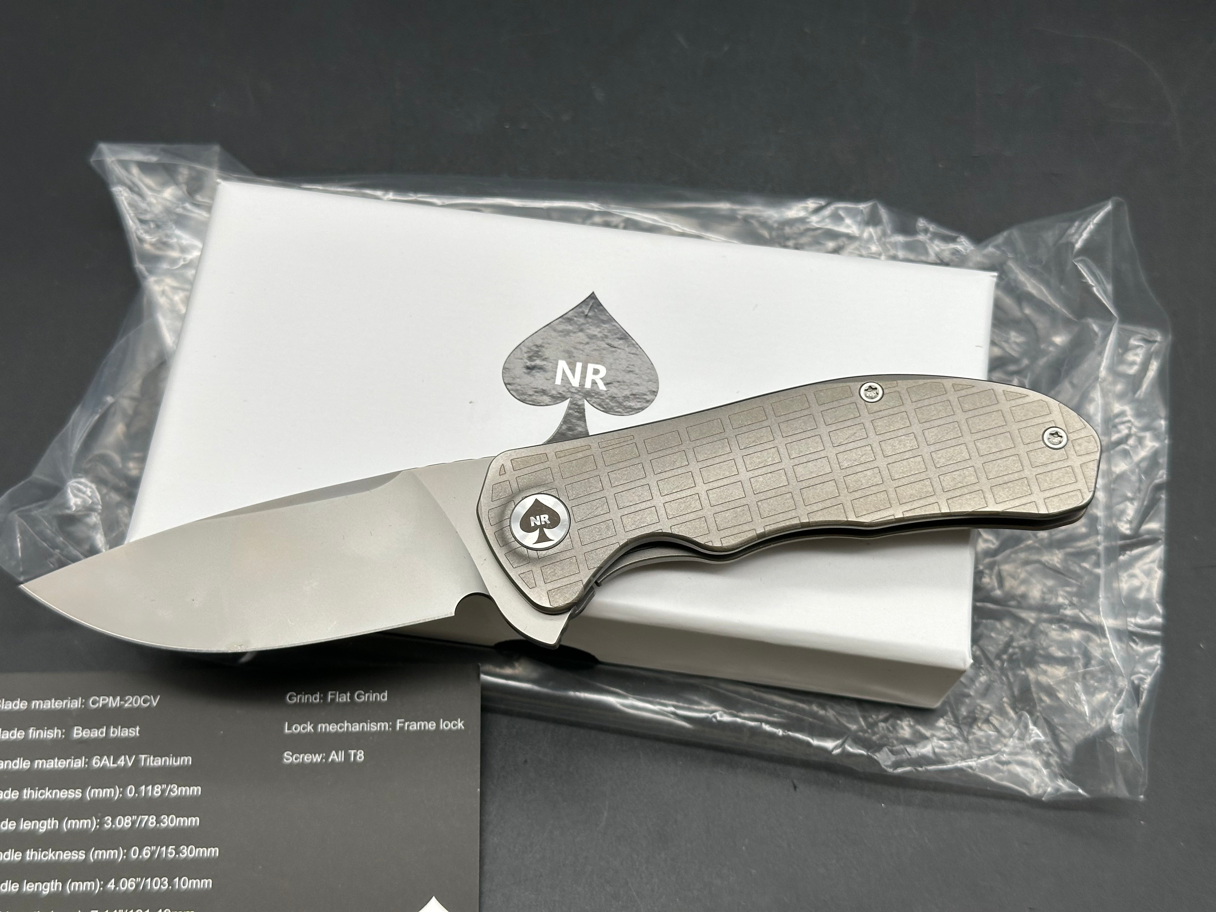 NRiggi Knives "JERSEY" Laser Engraved Wave Titanium Scales w/CPM 20CV bead blast blade