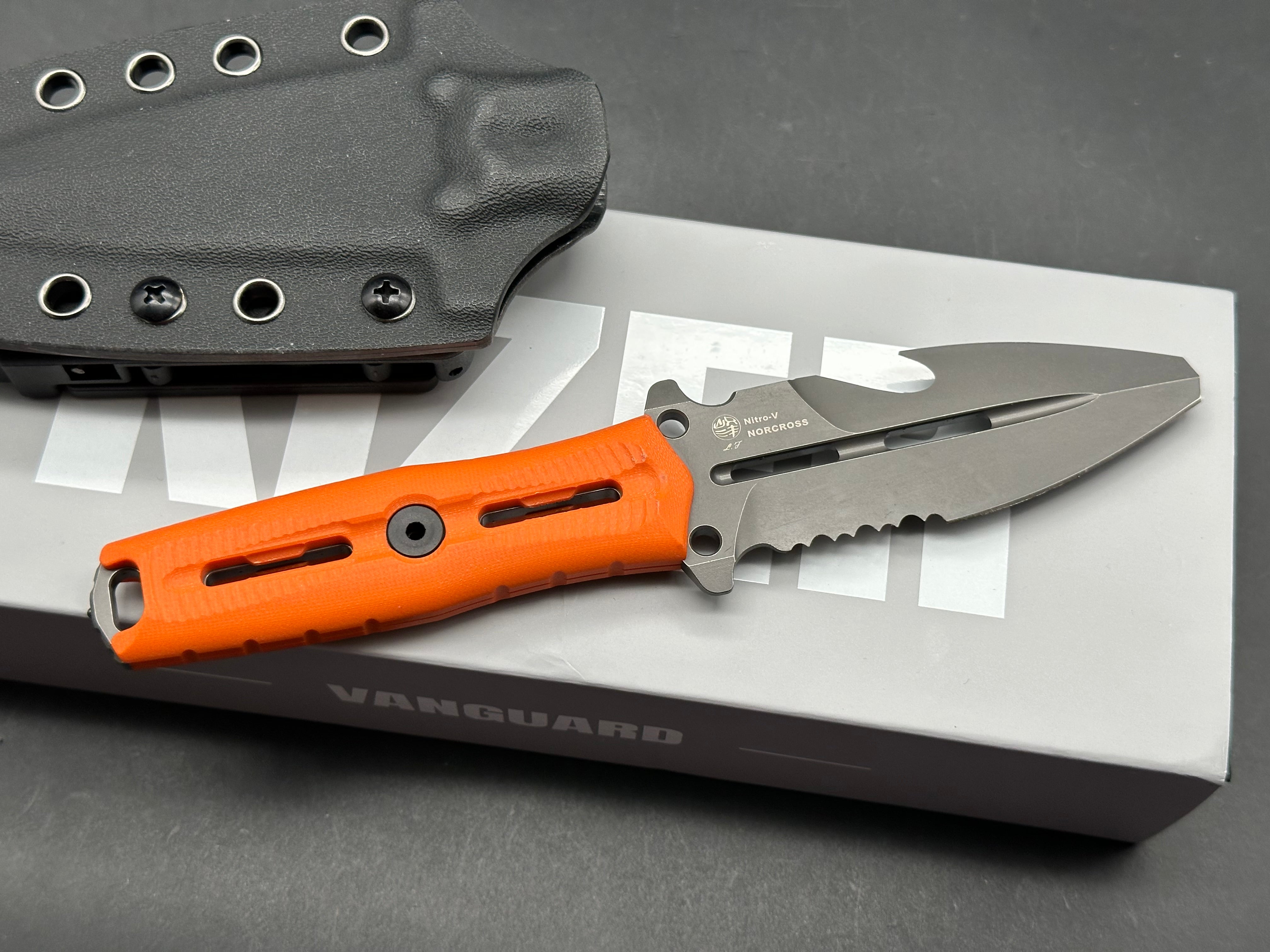 KIZER NORCROSS FIXED BLADE ORANGE G10 HANDLE NITRO-V SPEAR POINT PARTIALLY SERRATED EDGE