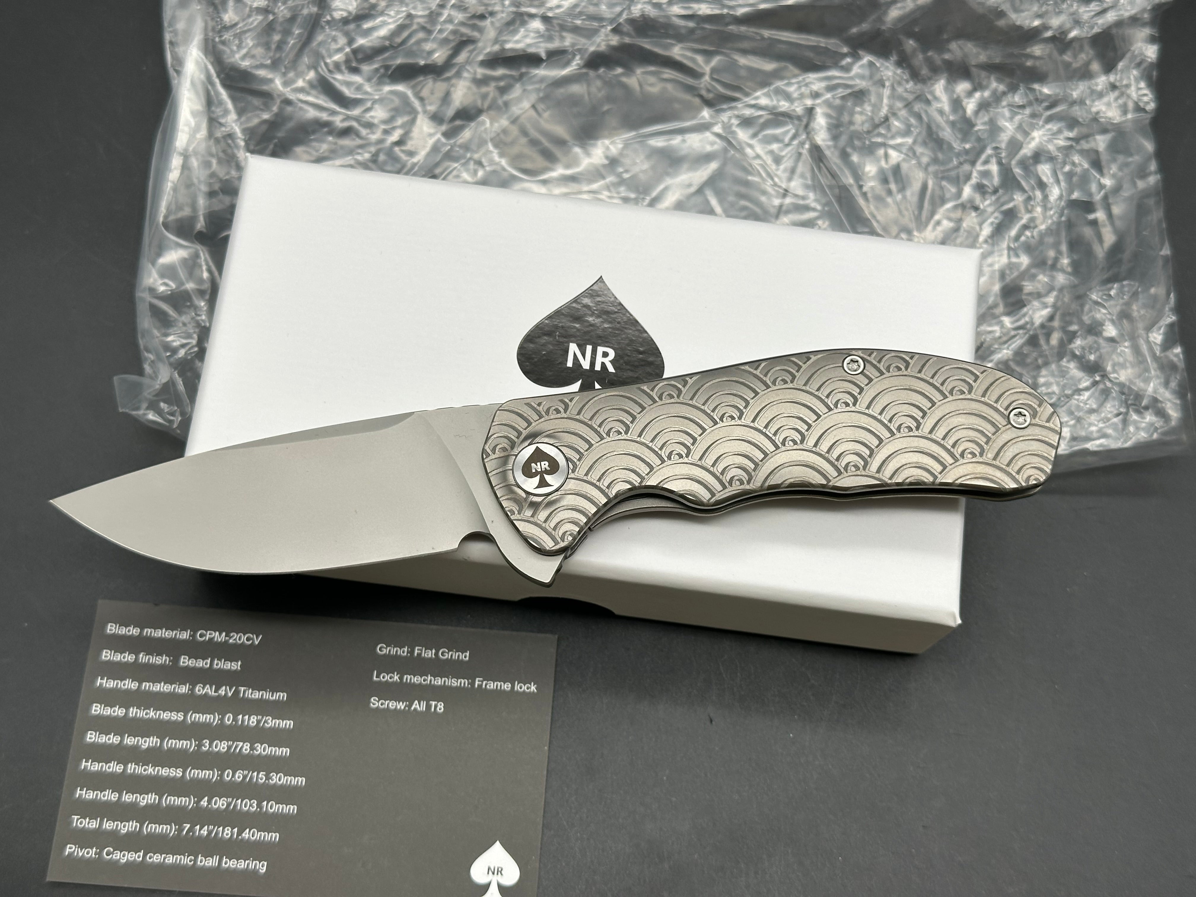 NRiggi Knives "JERSEY" Laser Engraved Wave Titanium Scales w/CPM 20CV bead blast blade