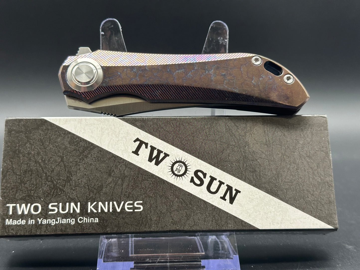 TWOSUN TS196 COLOR FOLDING KNIFE BLUE/MULTI COLOR TITANIUM HANDLE M390 PLAIN EDGE