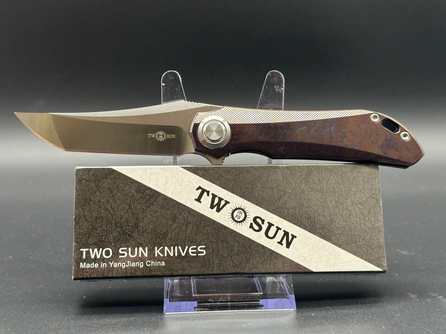 TWOSUN TS196 COLOR FOLDING KNIFE BLUE/MULTI COLOR TITANIUM HANDLE M390 PLAIN EDGE