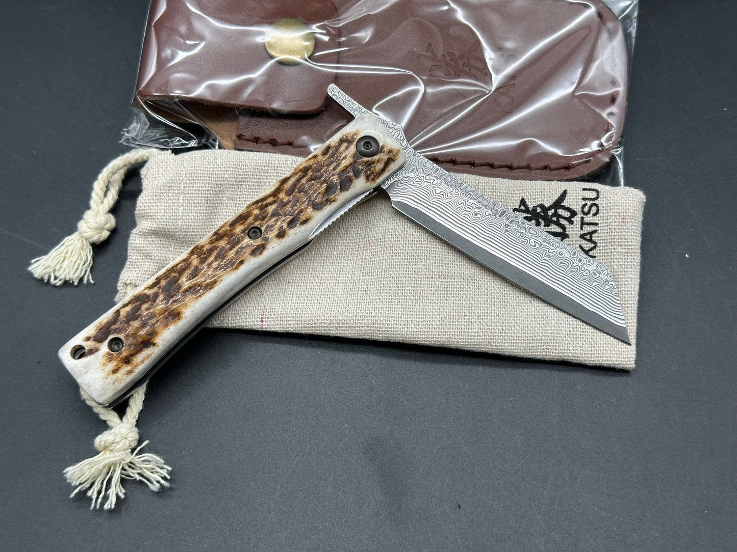 KATSU JDA01, Genuine Deer Antler Handle & Damascus Blade, Leather Sheath