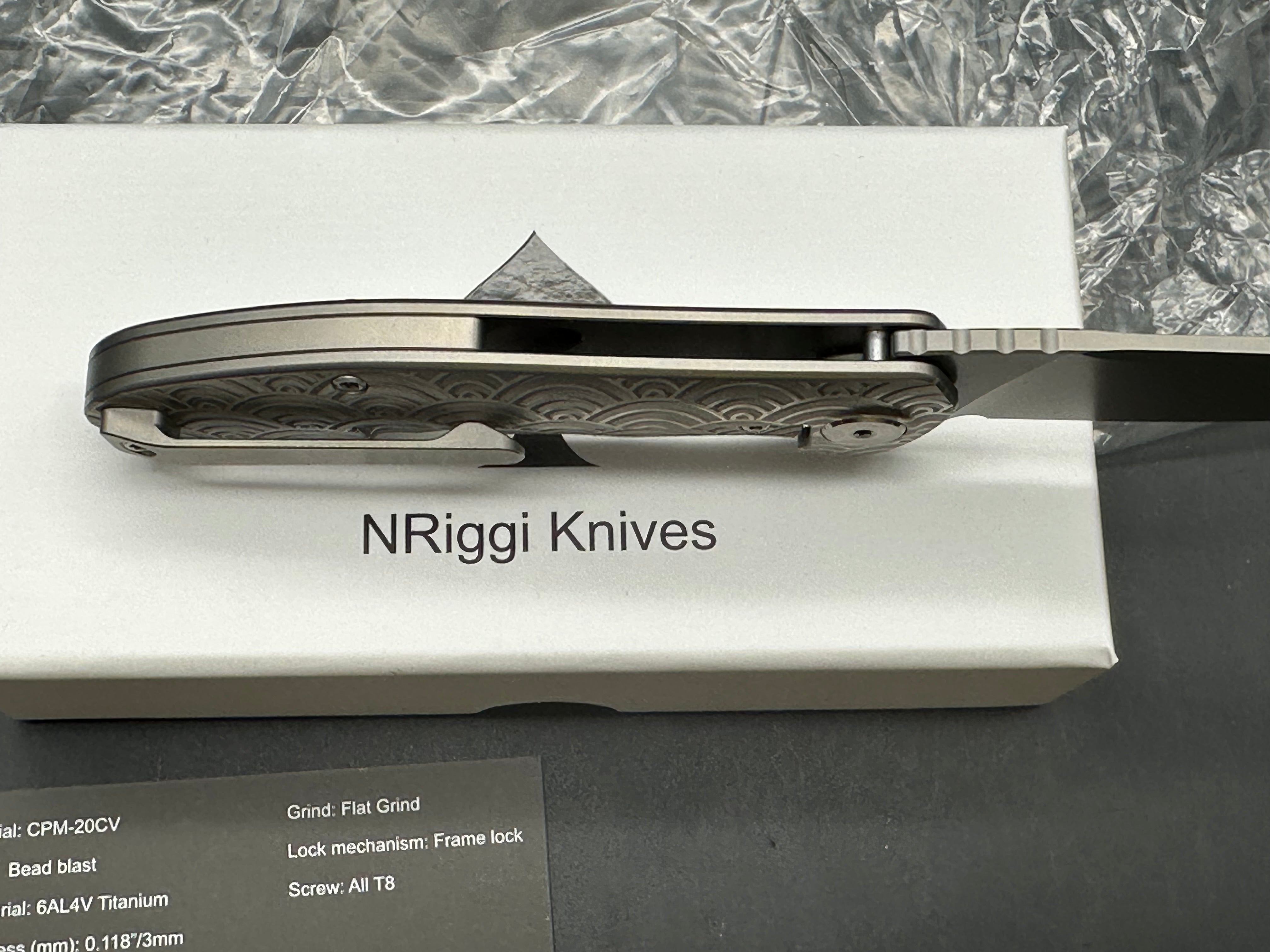 NRiggi Knives "JERSEY" Laser Engraved Wave Titanium Scales w/CPM 20CV bead blast blade