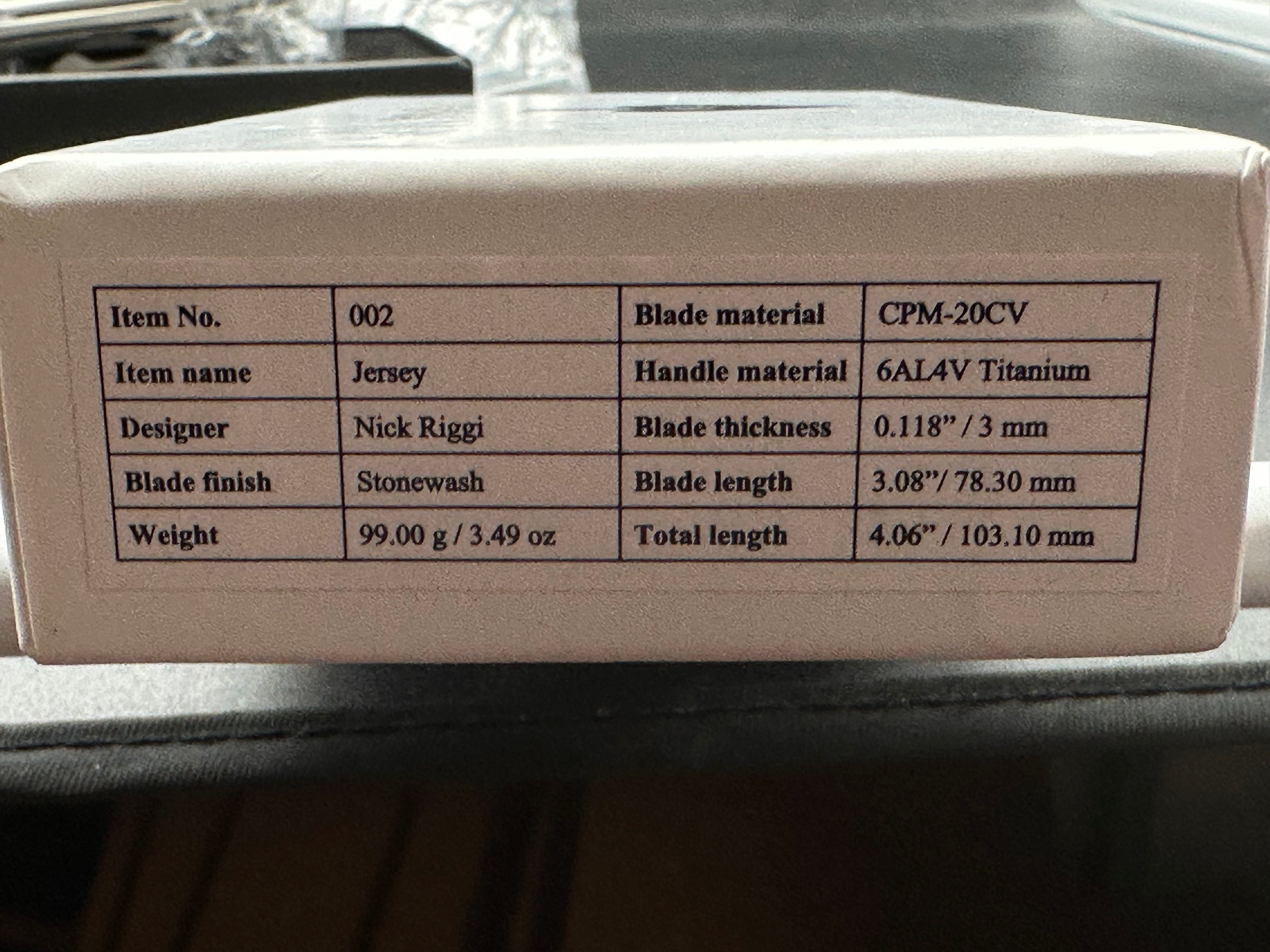 NRiggi Knives "JERSEY" Laser Engraved Titanium Scales w/CPM 20CV stonewash blade