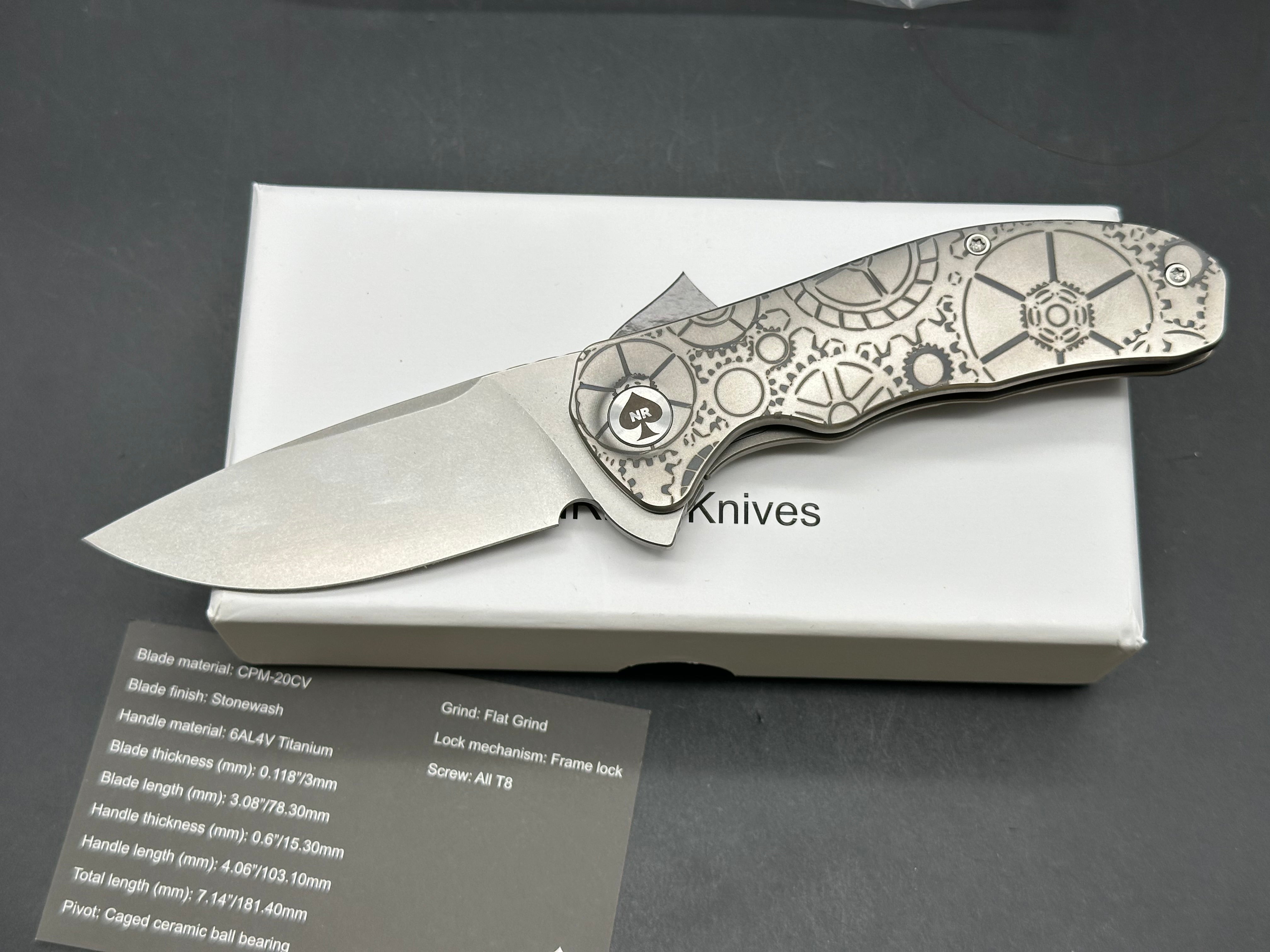 NRiggi Knives "JERSEY" Laser Engraved Titanium Scales w/CPM 20CV stonewash blade