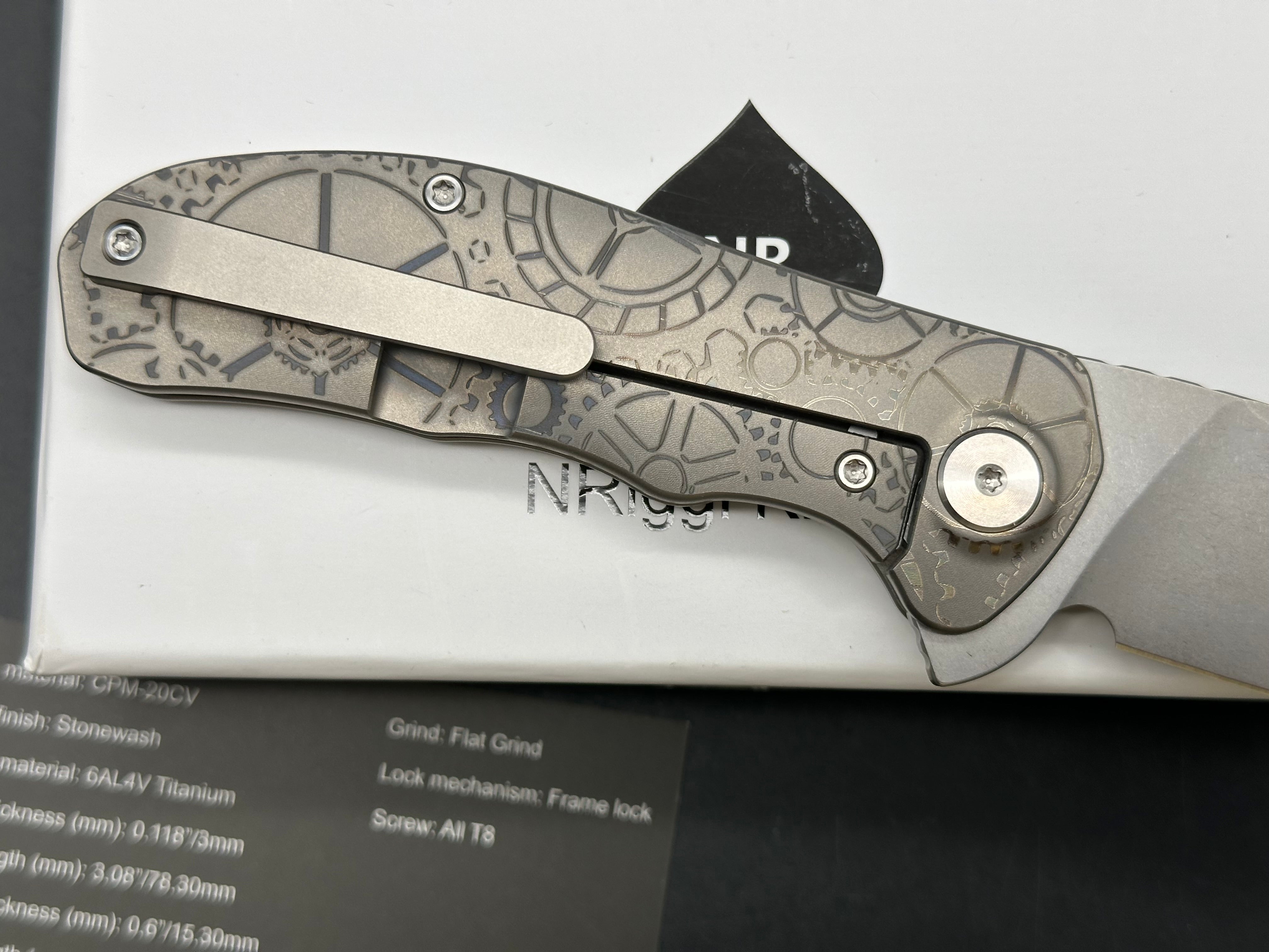 NRiggi Knives "JERSEY" Laser Engraved Titanium Scales w/CPM 20CV stonewash blade