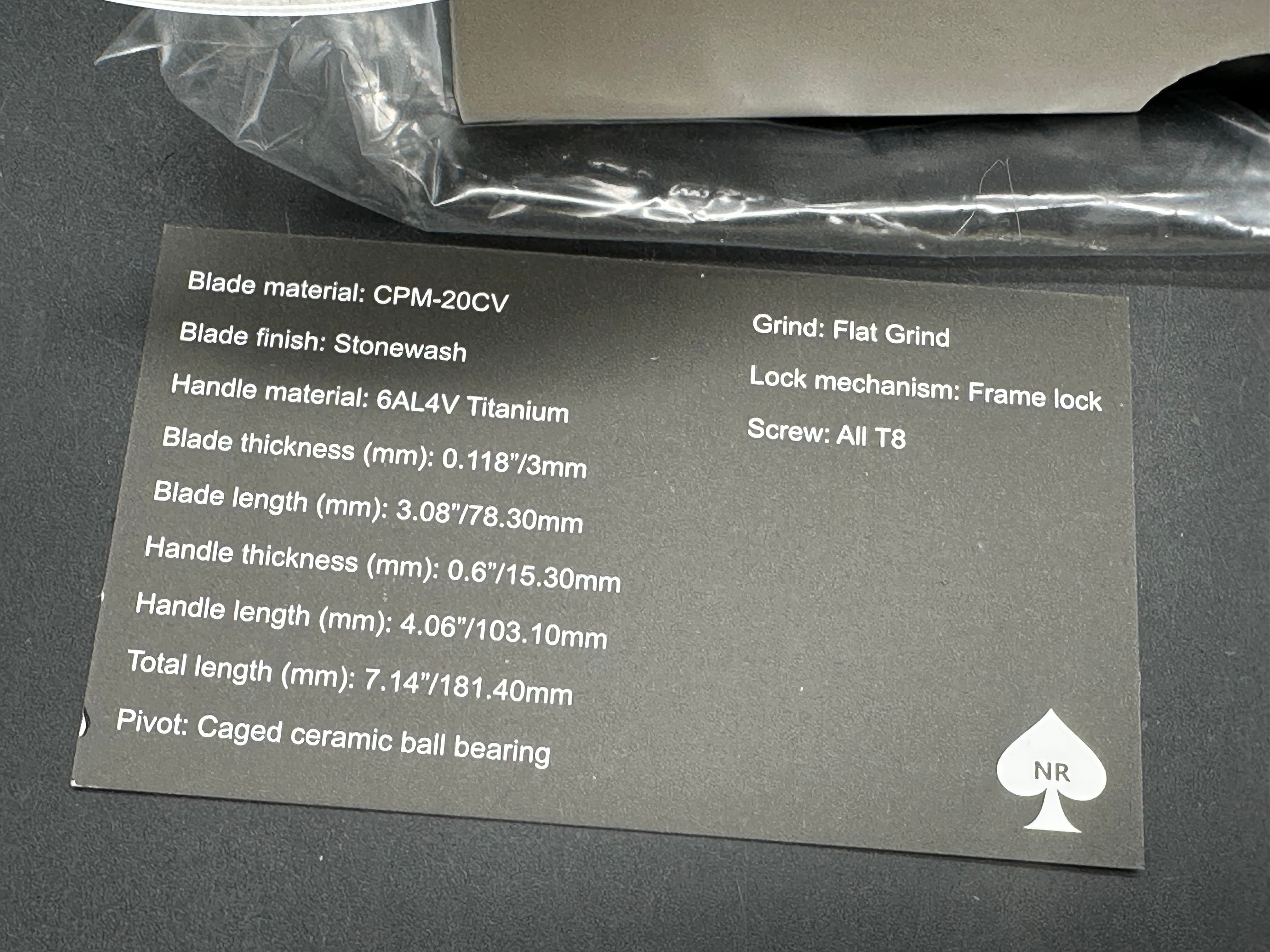 NRiggi Knives "JERSEY" Laser Engraved Titanium Scales w/CPM 20CV stonewash blade
