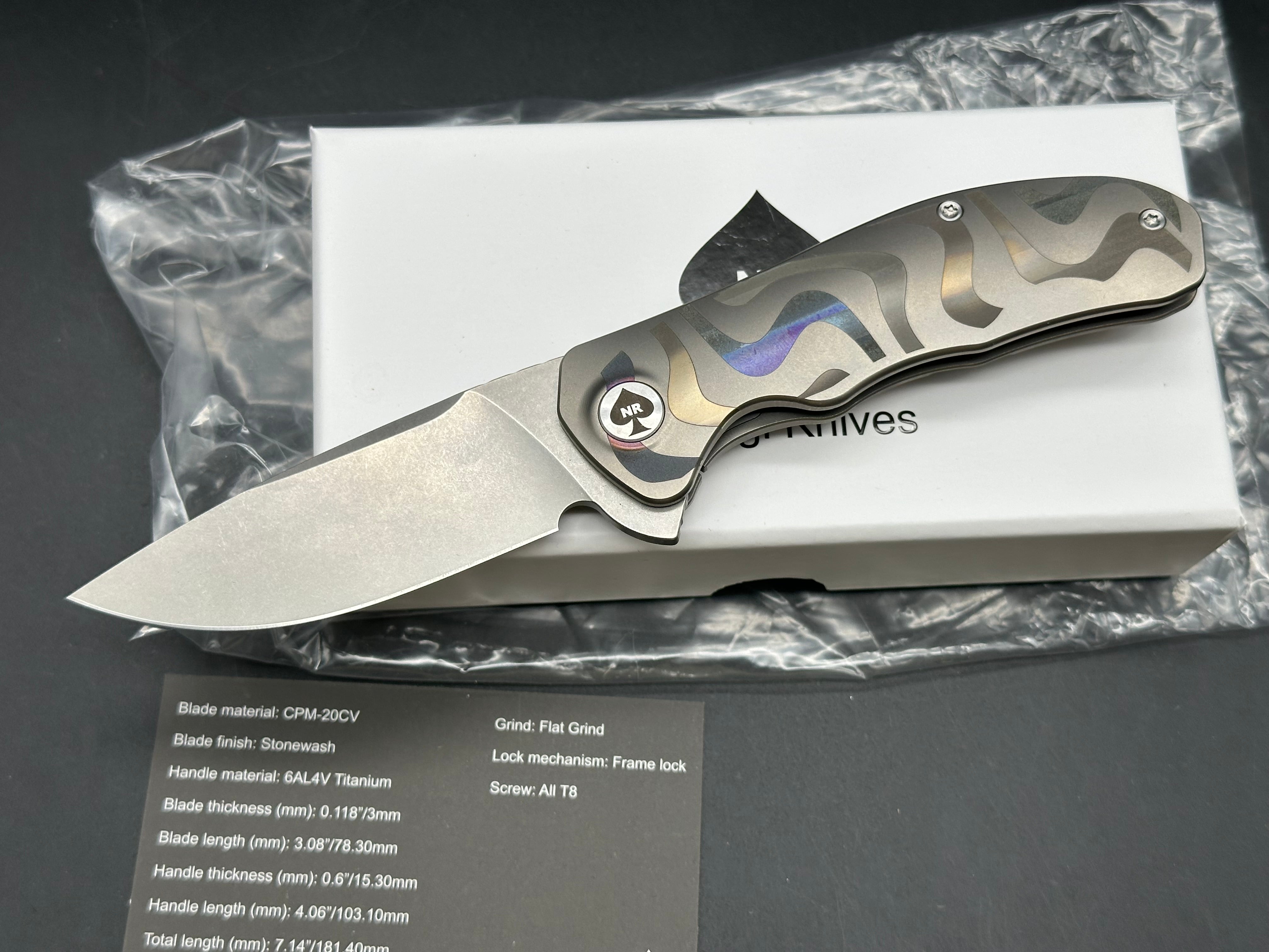 NRiggi Knives "JERSEY" Laser Engraved Titanium Scales w/CPM 20CV stonewash blade