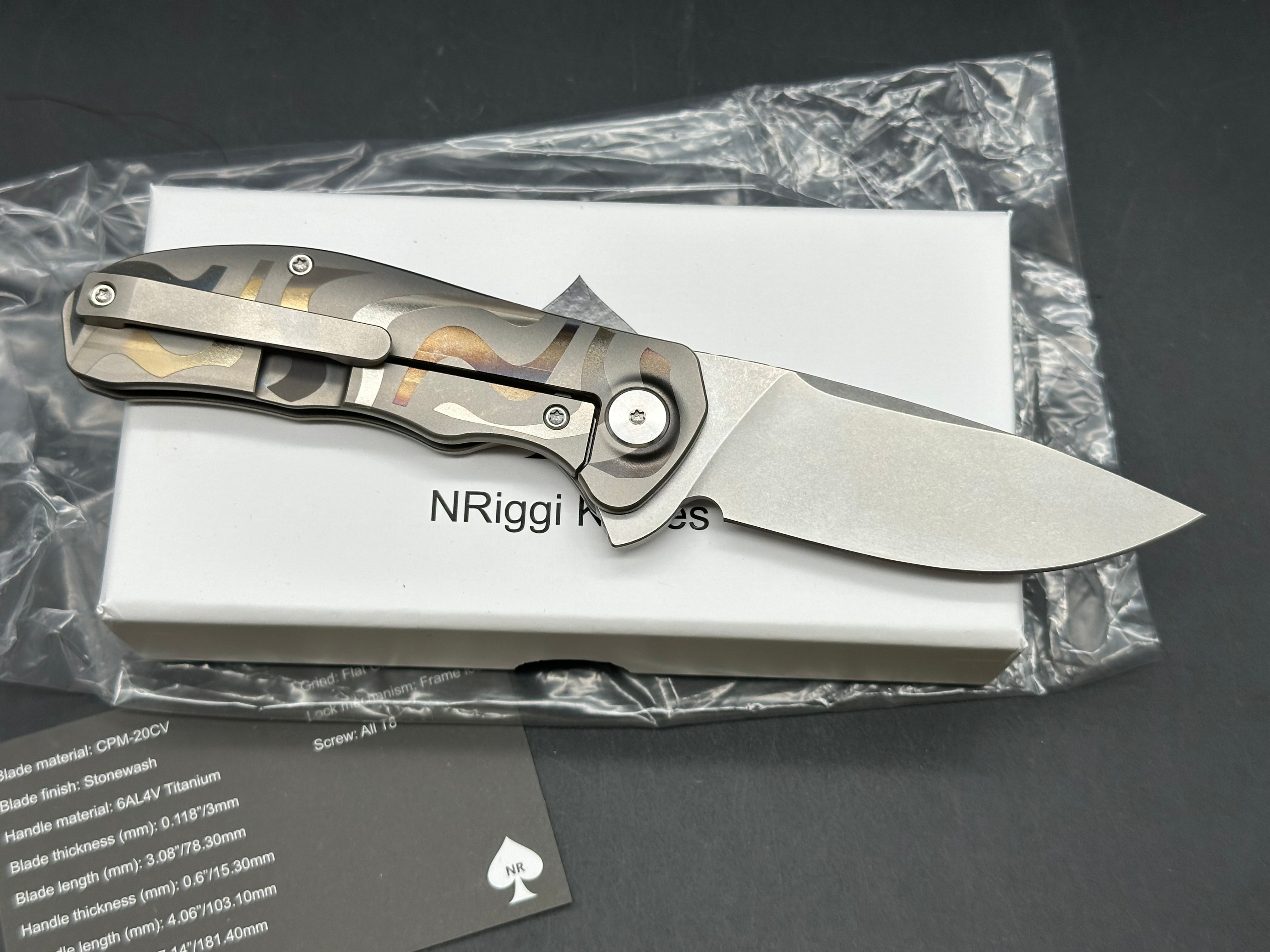 NRiggi Knives "JERSEY" Laser Engraved Titanium Scales w/CPM 20CV stonewash blade
