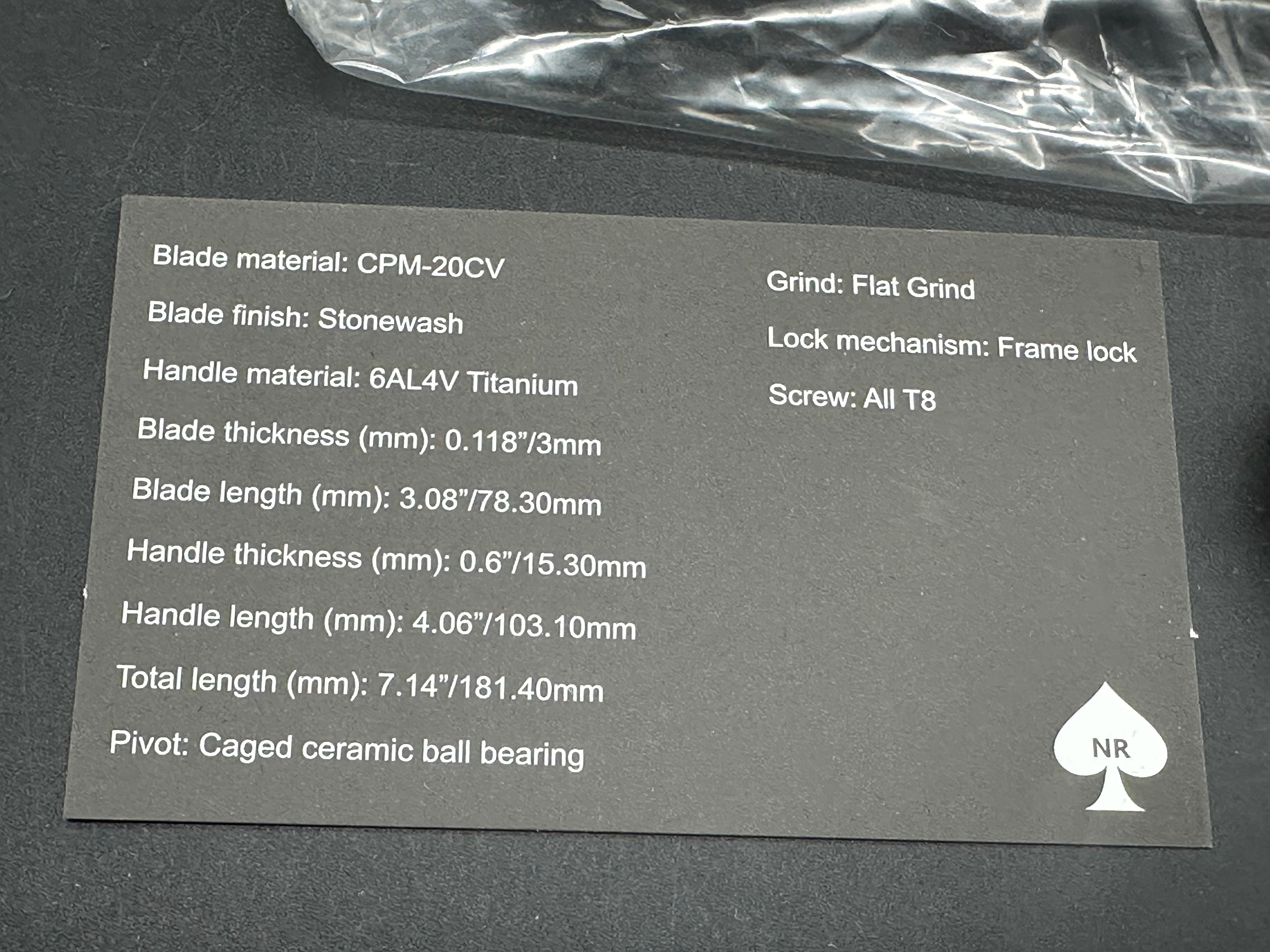 NRiggi Knives "JERSEY" Laser Engraved Titanium Scales w/CPM 20CV stonewash blade