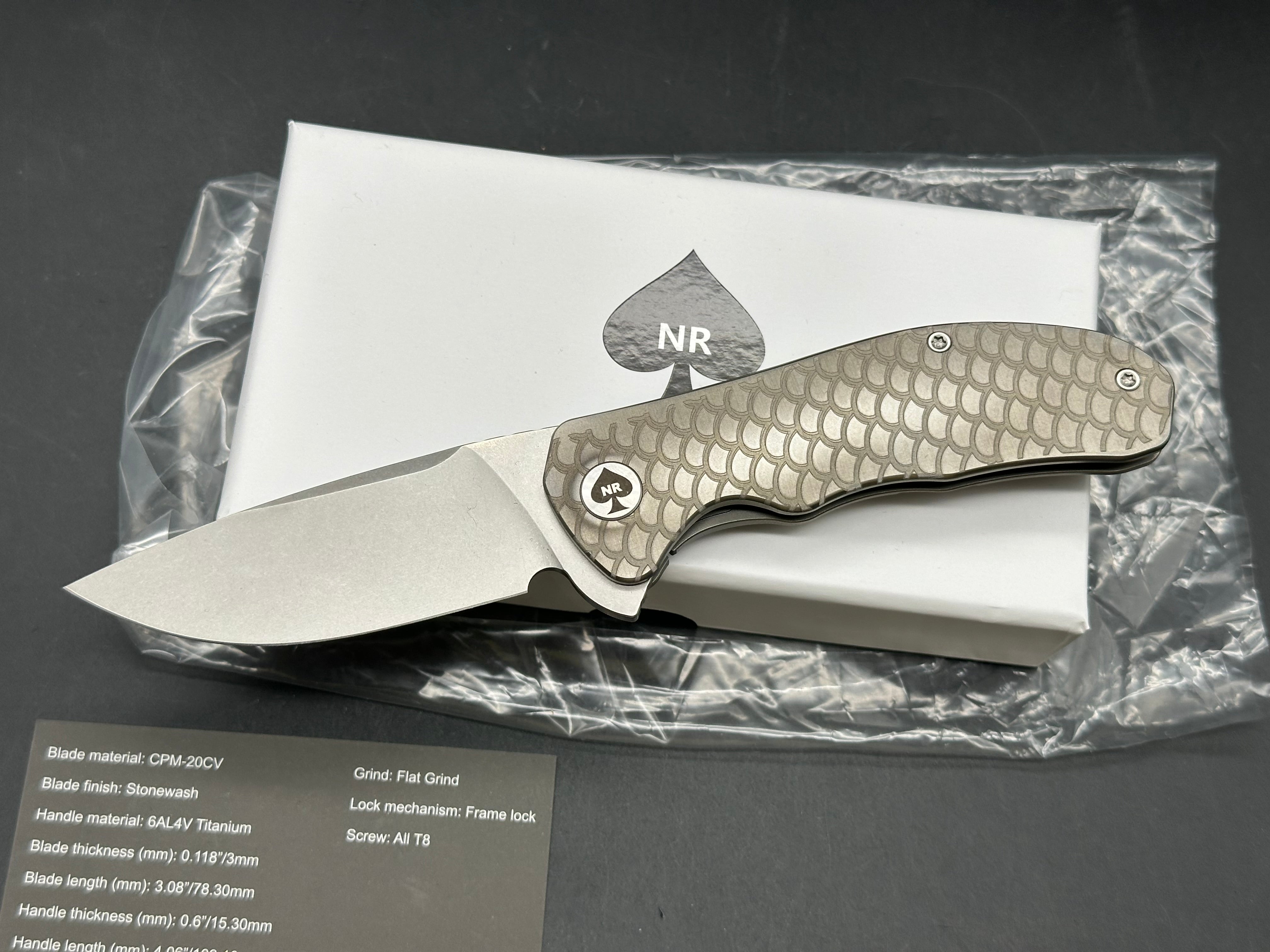 NRiggi Knives "JERSEY" Laser Engraved Titanium Scales w/CPM 20CV stonewash blade