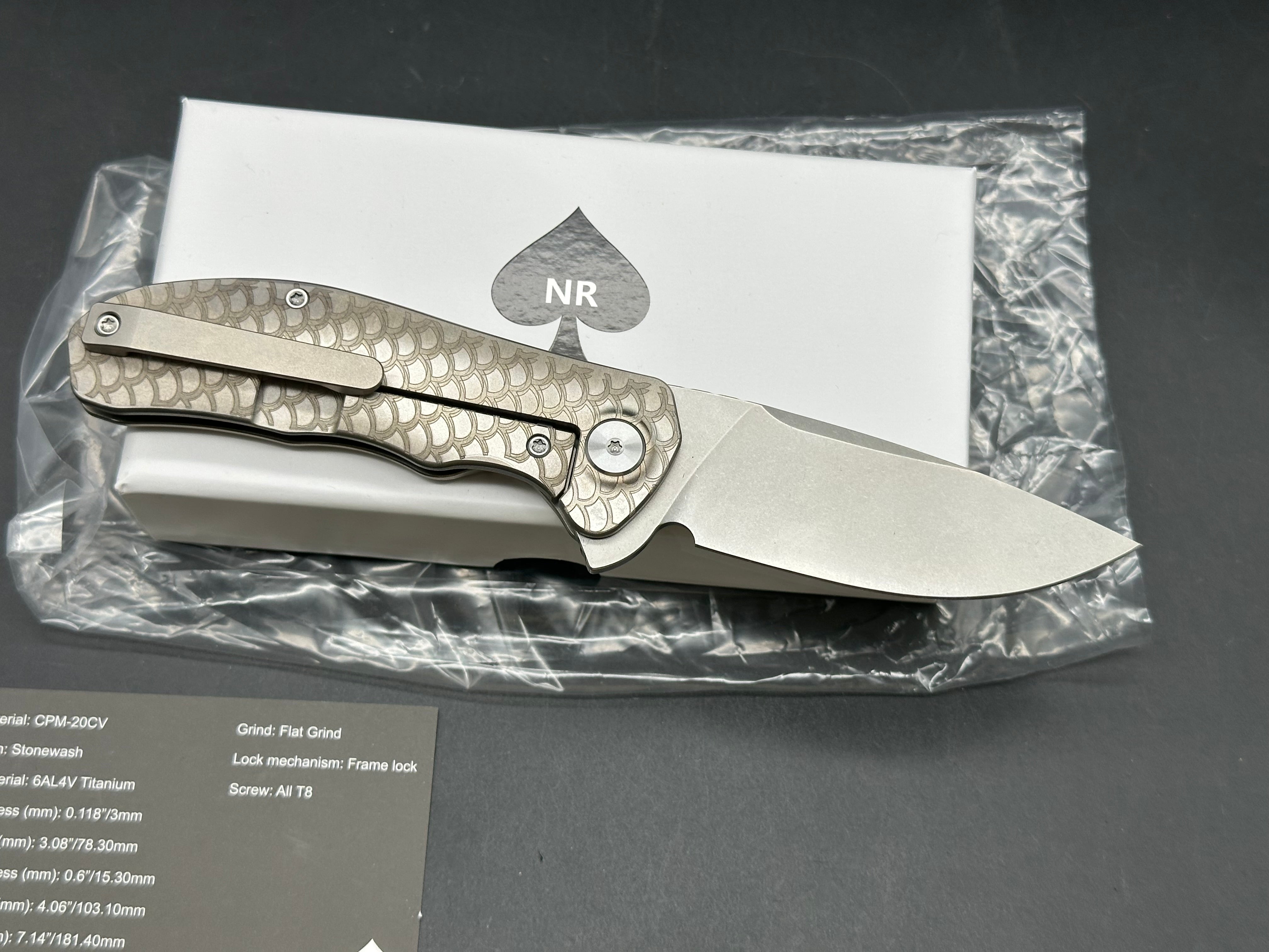 NRiggi Knives "JERSEY" Laser Engraved Titanium Scales w/CPM 20CV stonewash blade