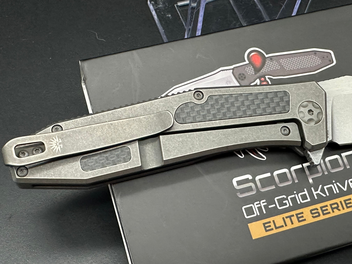 Off Grid Knives Elite Scorpion Gray titanium w/CF inlays S35VN blade