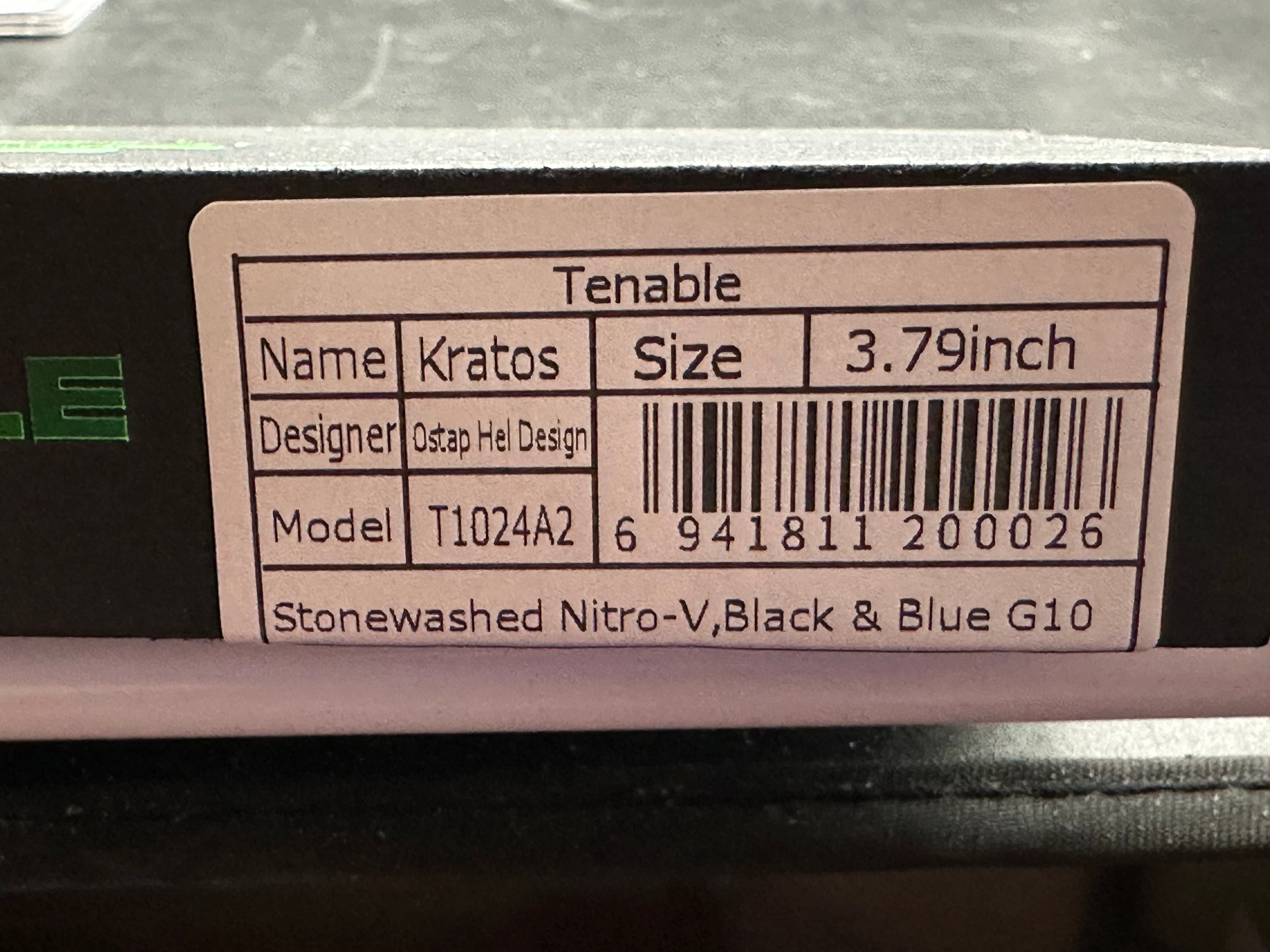 TENABLE KRATOS BLACK/BLUE G10 HANDLE NITRO-V DROP POINT PLAIN EDGE