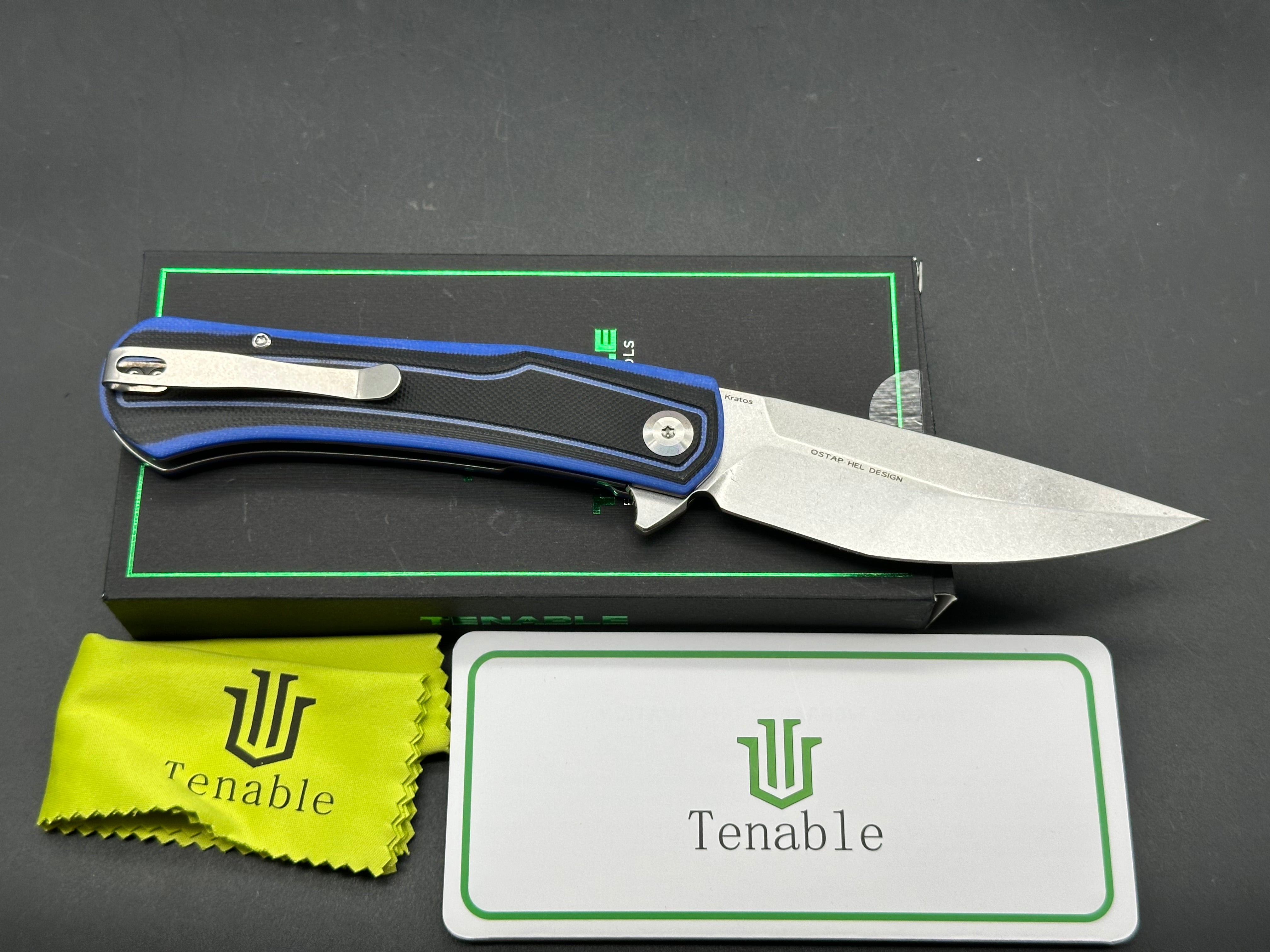 TENABLE KRATOS BLACK/BLUE G10 HANDLE NITRO-V DROP POINT PLAIN EDGE