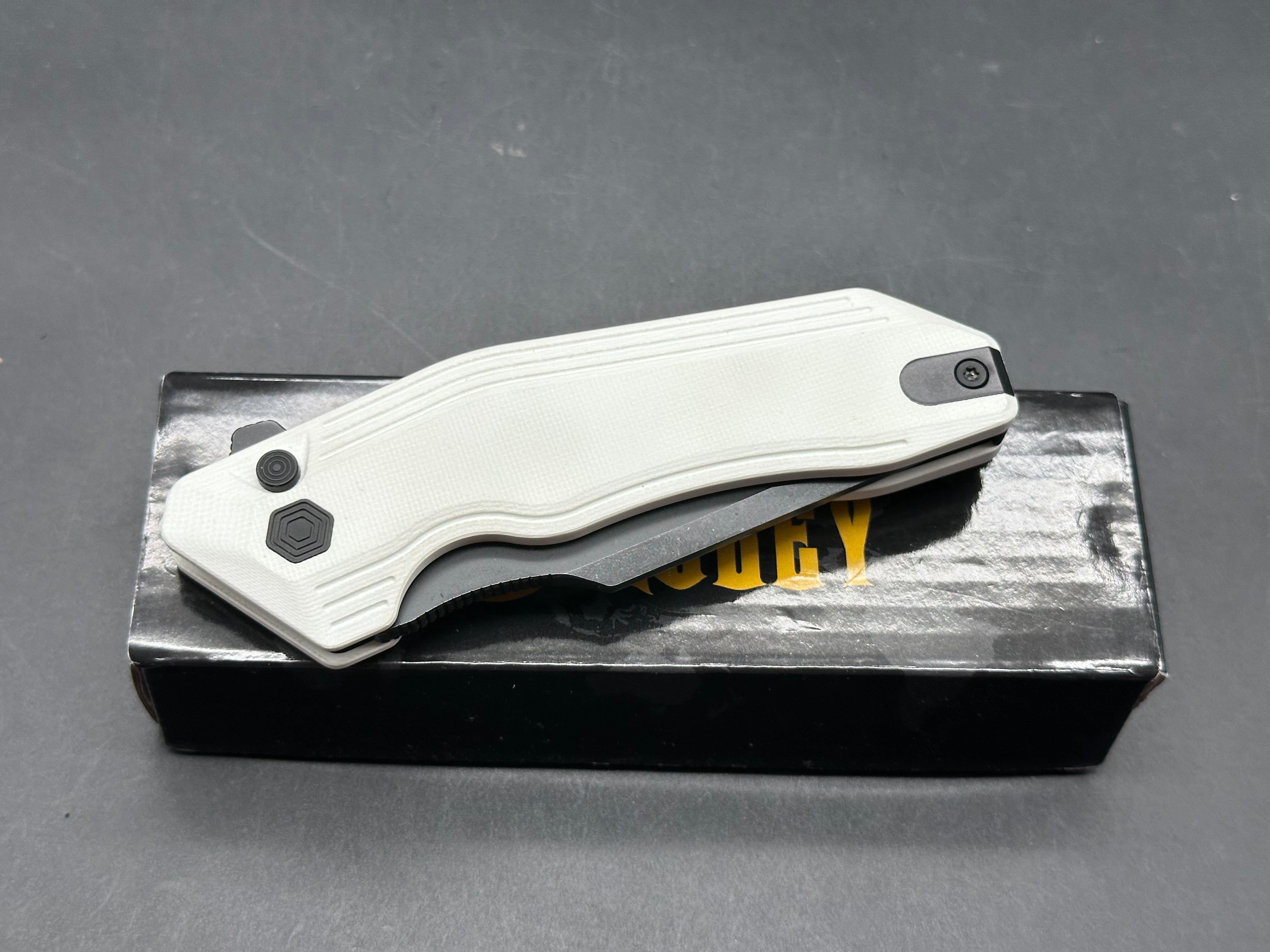 KUBEY YOKAI WHITE G10 HANDLE 14C28N TANTO POINT PLAIN EDGE BLACKWASH FINISH