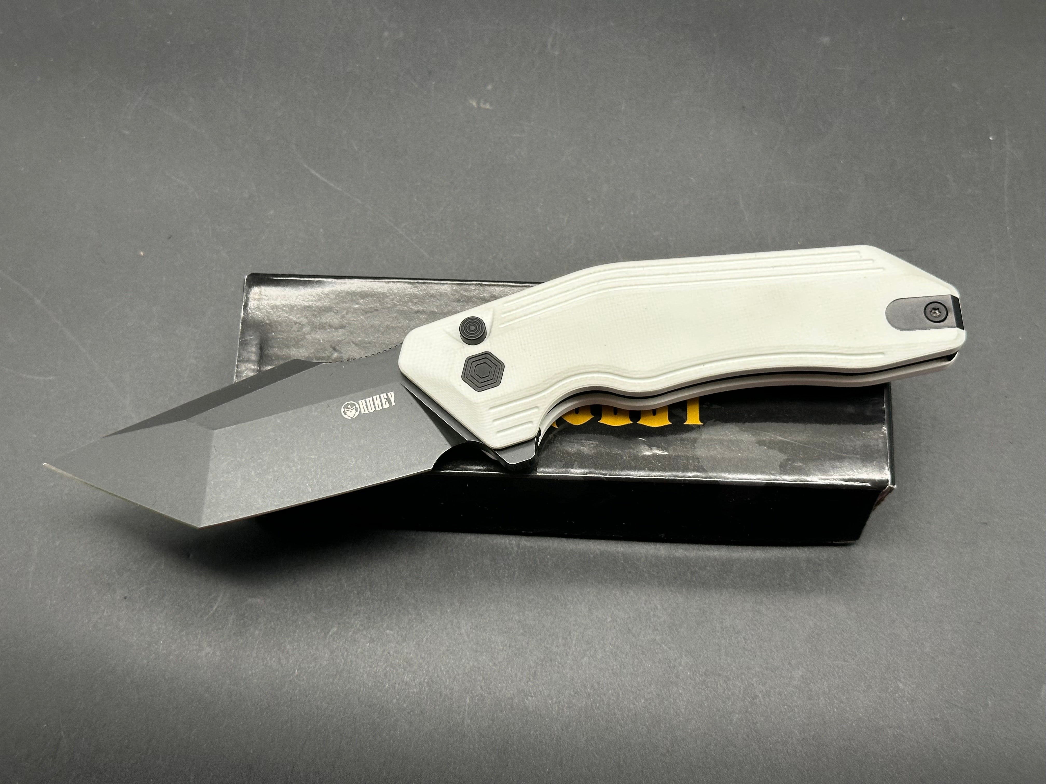 KUBEY YOKAI WHITE G10 HANDLE 14C28N TANTO POINT PLAIN EDGE BLACKWASH FINISH
