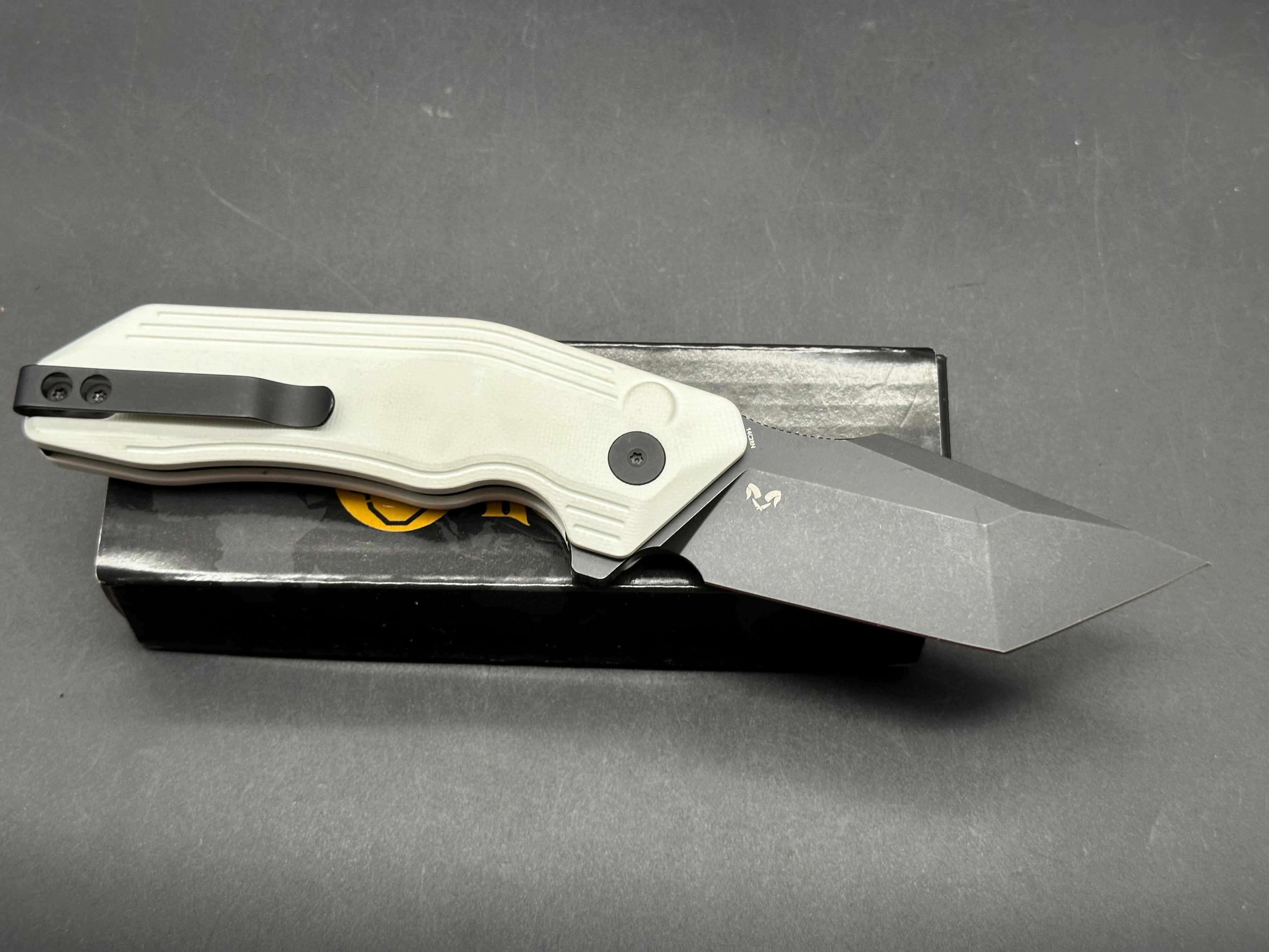 KUBEY YOKAI WHITE G10 HANDLE 14C28N TANTO POINT PLAIN EDGE BLACKWASH FINISH