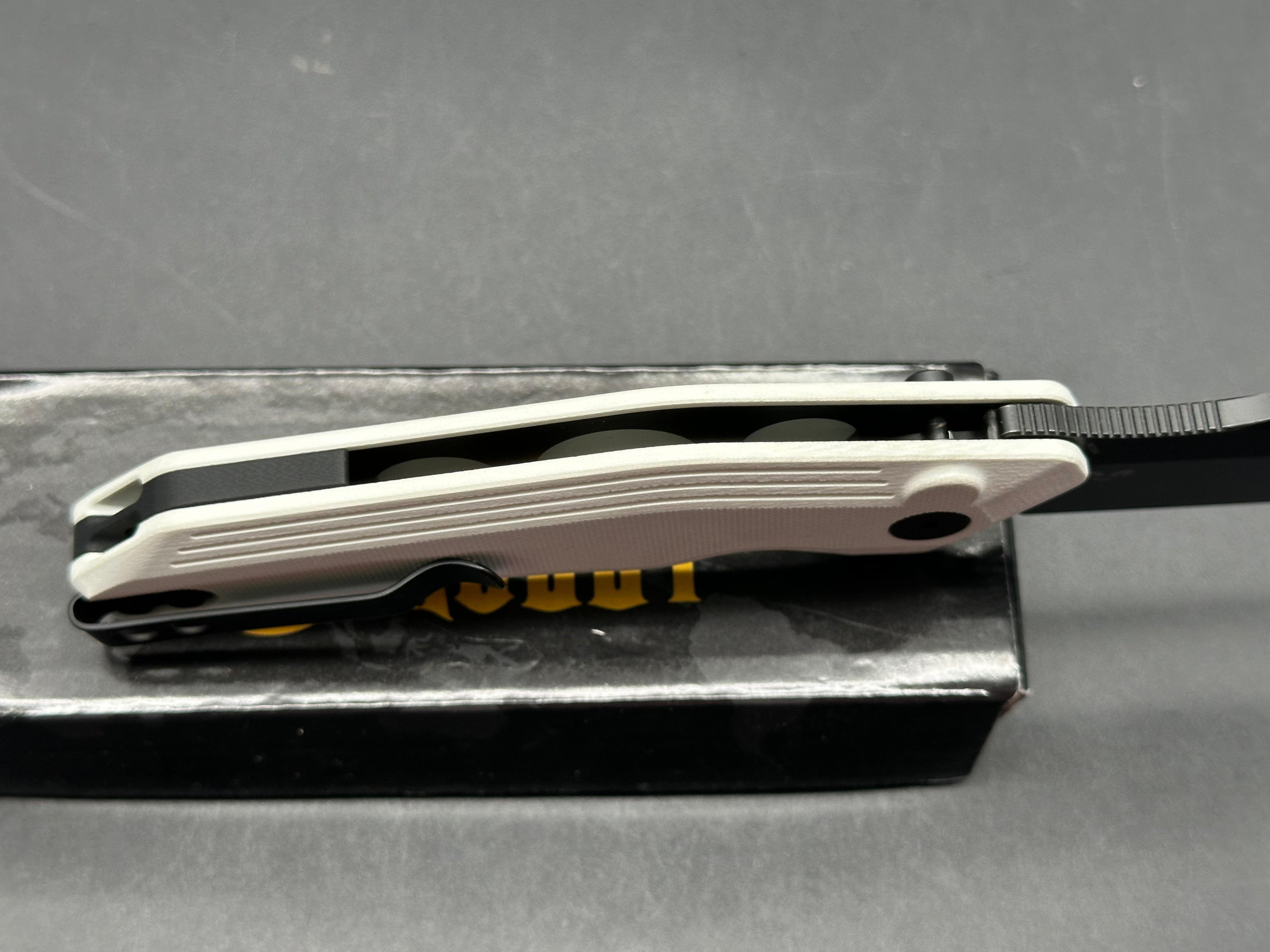 KUBEY YOKAI WHITE G10 HANDLE 14C28N TANTO POINT PLAIN EDGE BLACKWASH FINISH