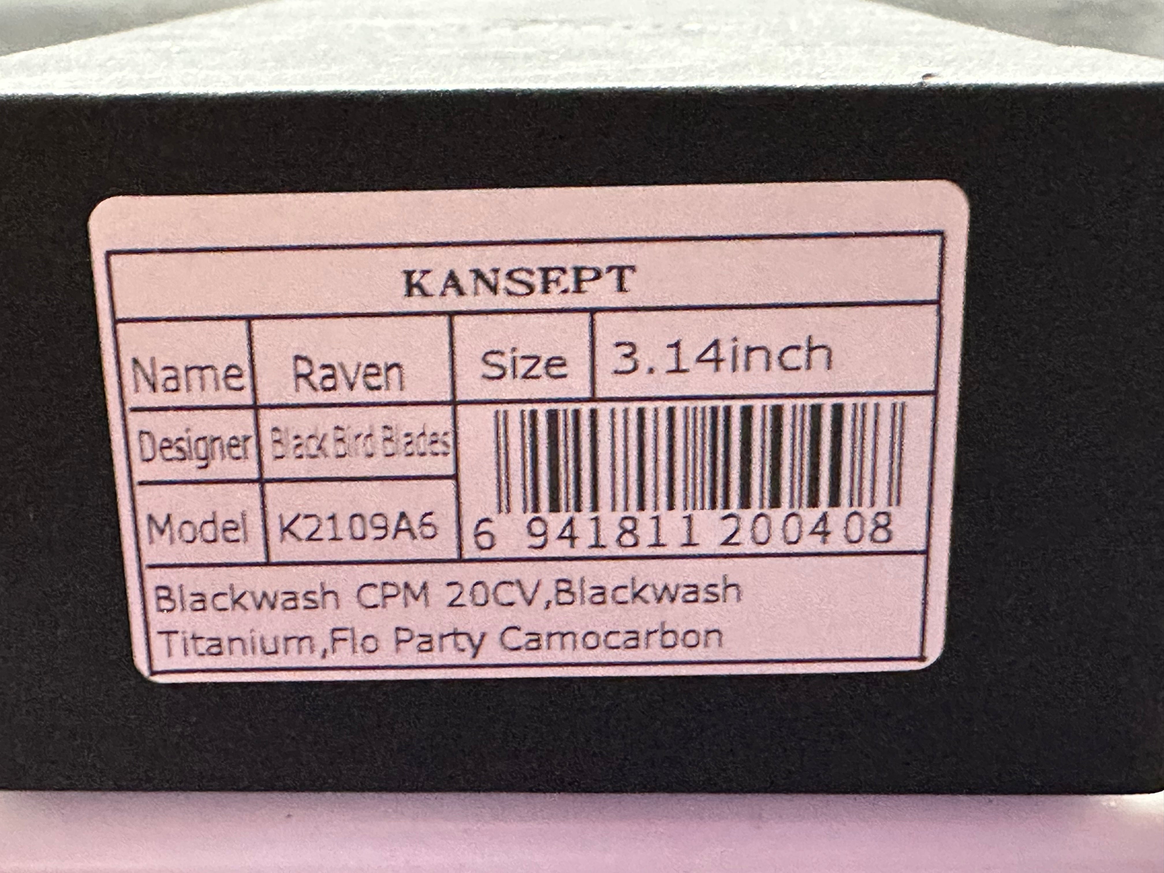 KANSEPT RAVEN BLACKWASH TITANIUM WTIH FLO PARTY CAMOCARBON HANDLE (3.13" CPM 20CV BLADE)