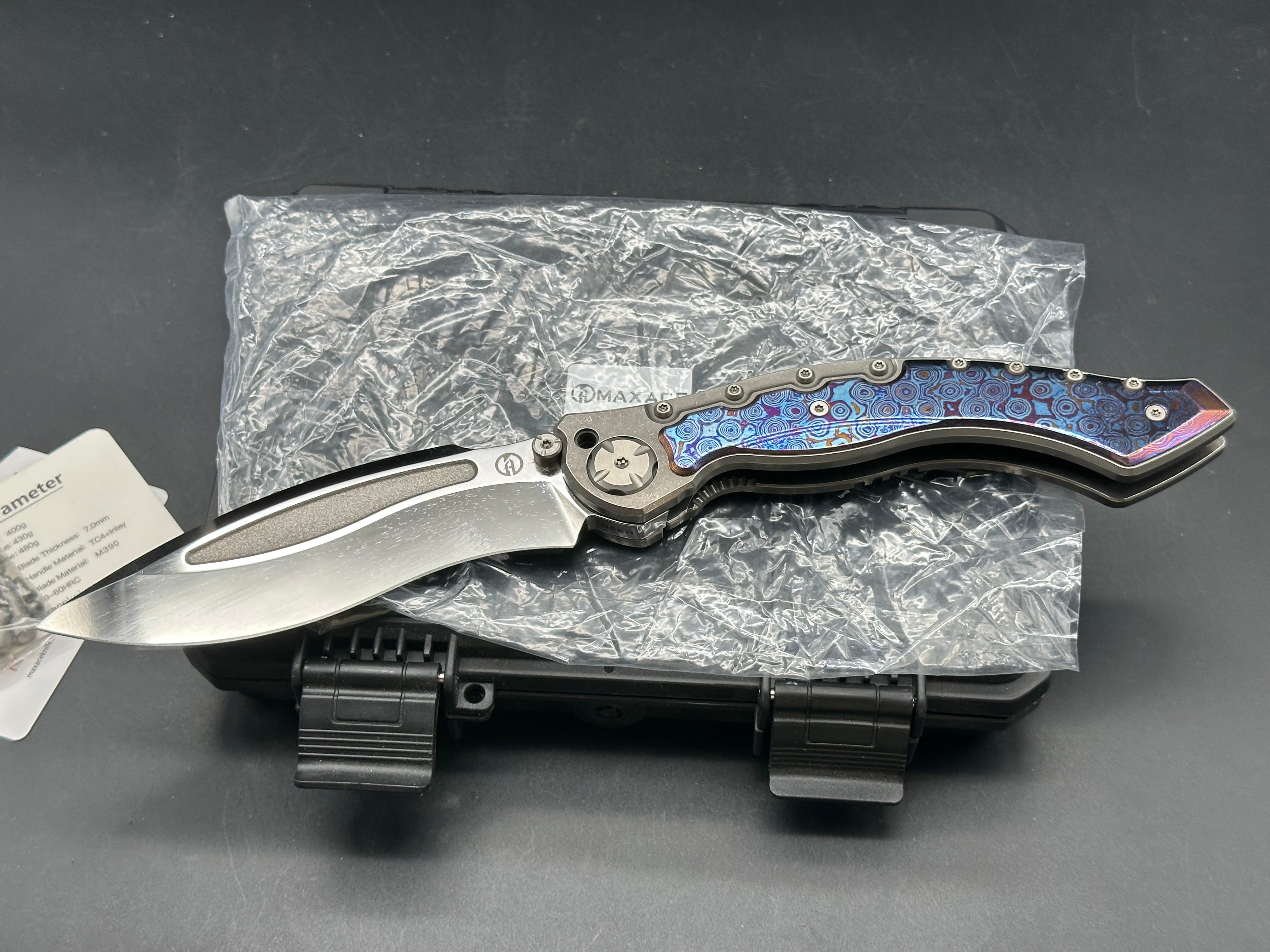 Maxace Vortex mirror polished M390 blade and Timascus inlay handle