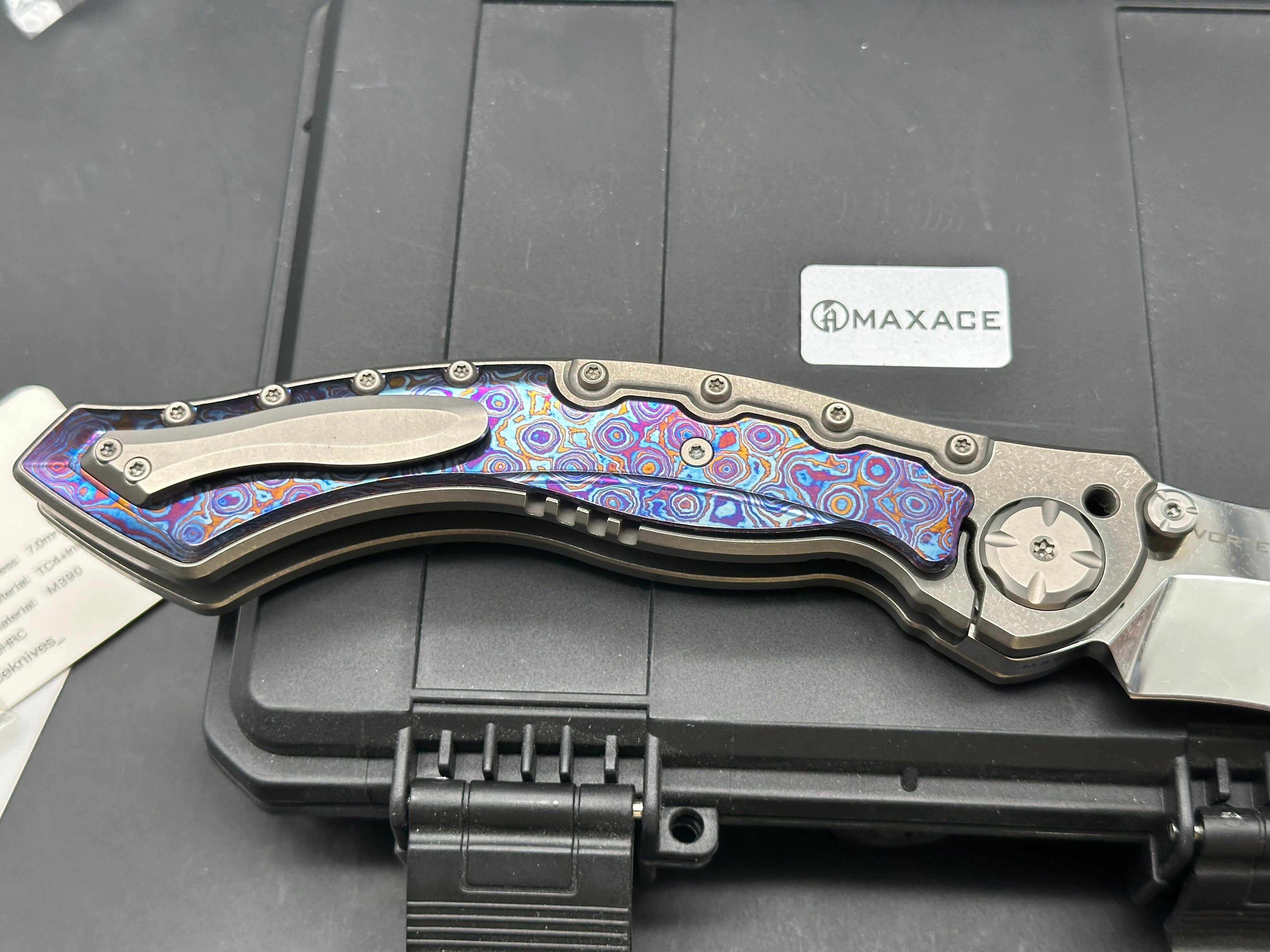 Maxace Vortex mirror polished M390 blade and Timascus inlay handle