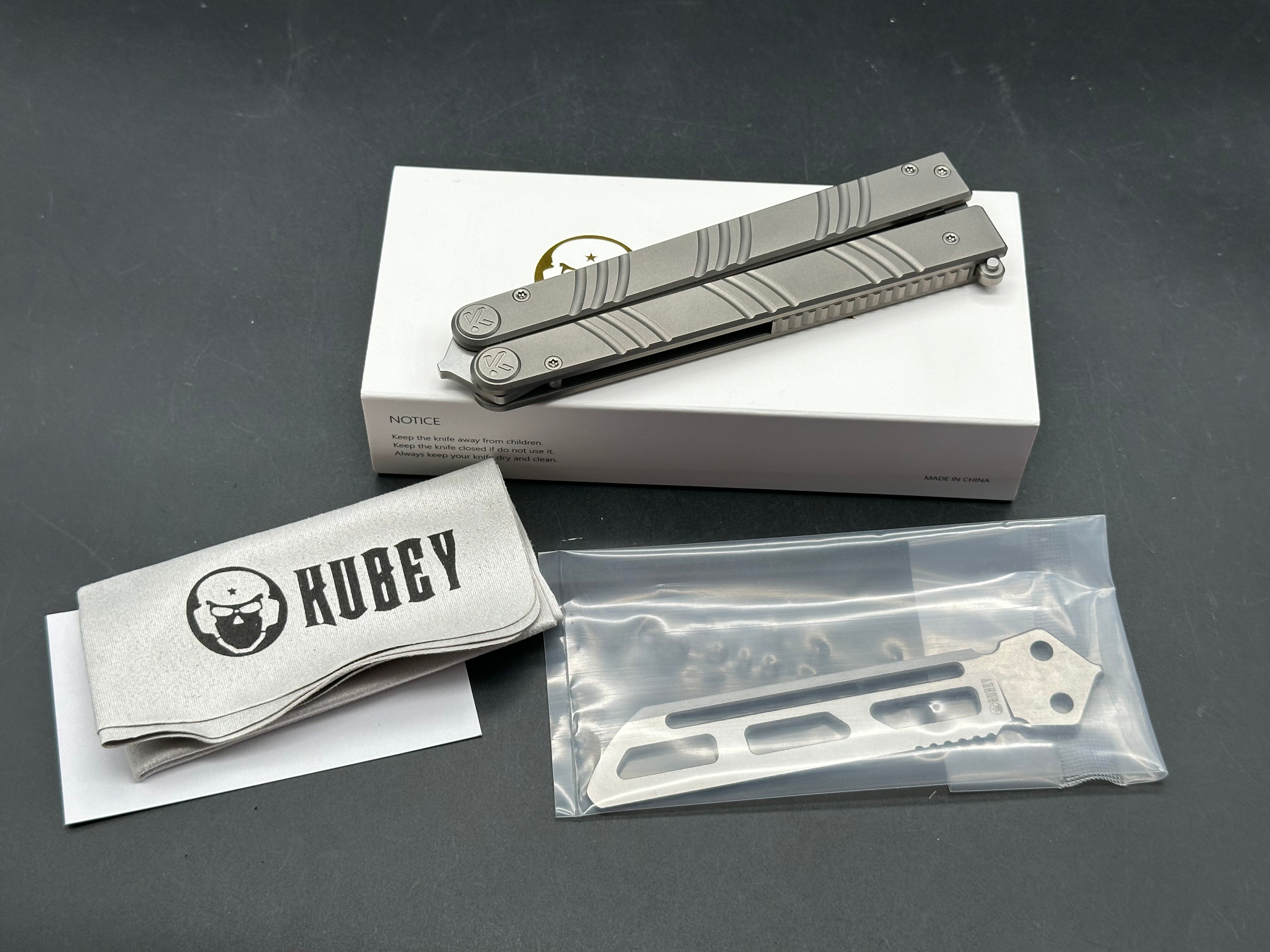 KUBEY BALLISTIC EDC BASILONG TITANIUM HANDLE BLACKWASH SANDVIK 14C28N BLADE KNIFE