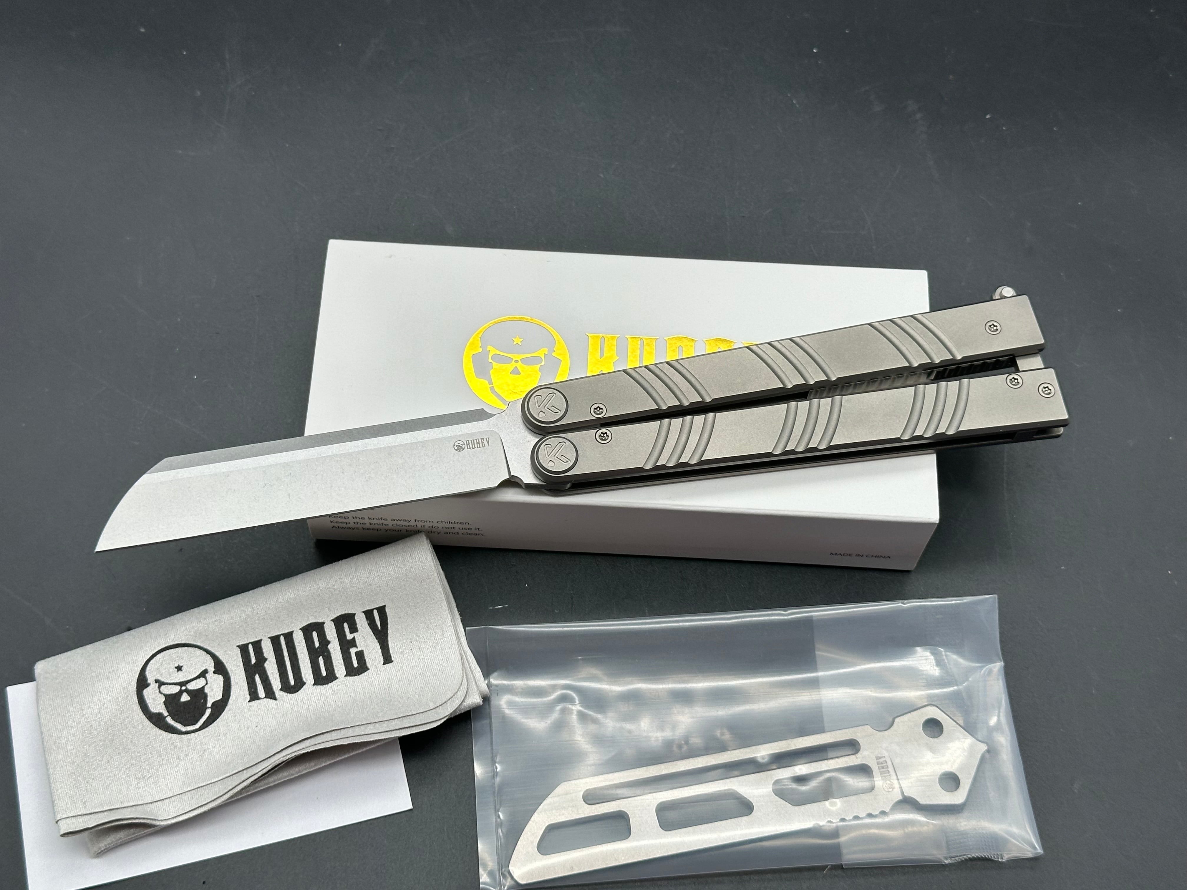KUBEY BALLISTIC EDC BASILONG TITANIUM HANDLE BLACKWASH SANDVIK 14C28N BLADE KNIFE