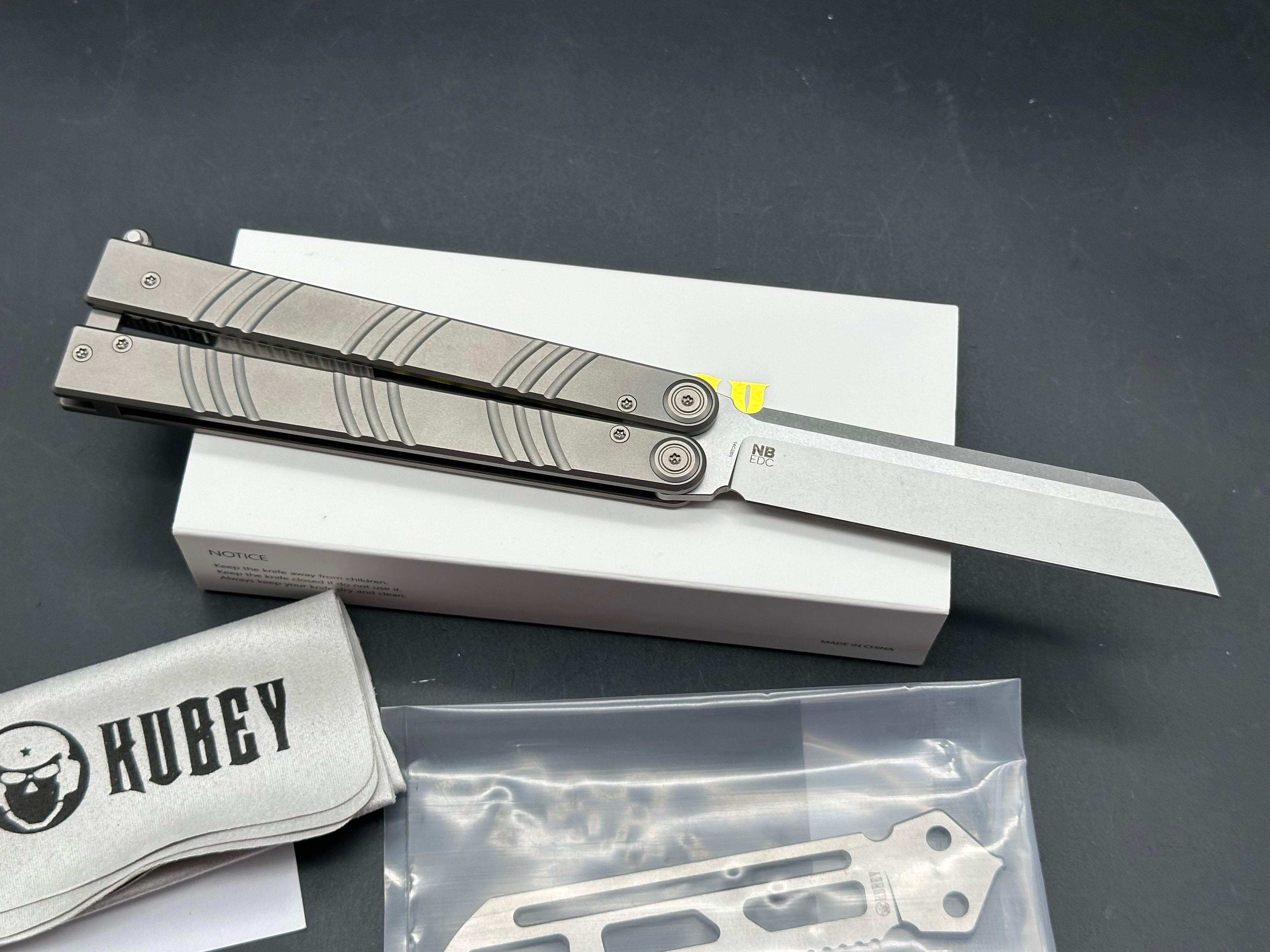 KUBEY BALLISTIC EDC BASILONG TITANIUM HANDLE BLACKWASH SANDVIK 14C28N BLADE KNIFE