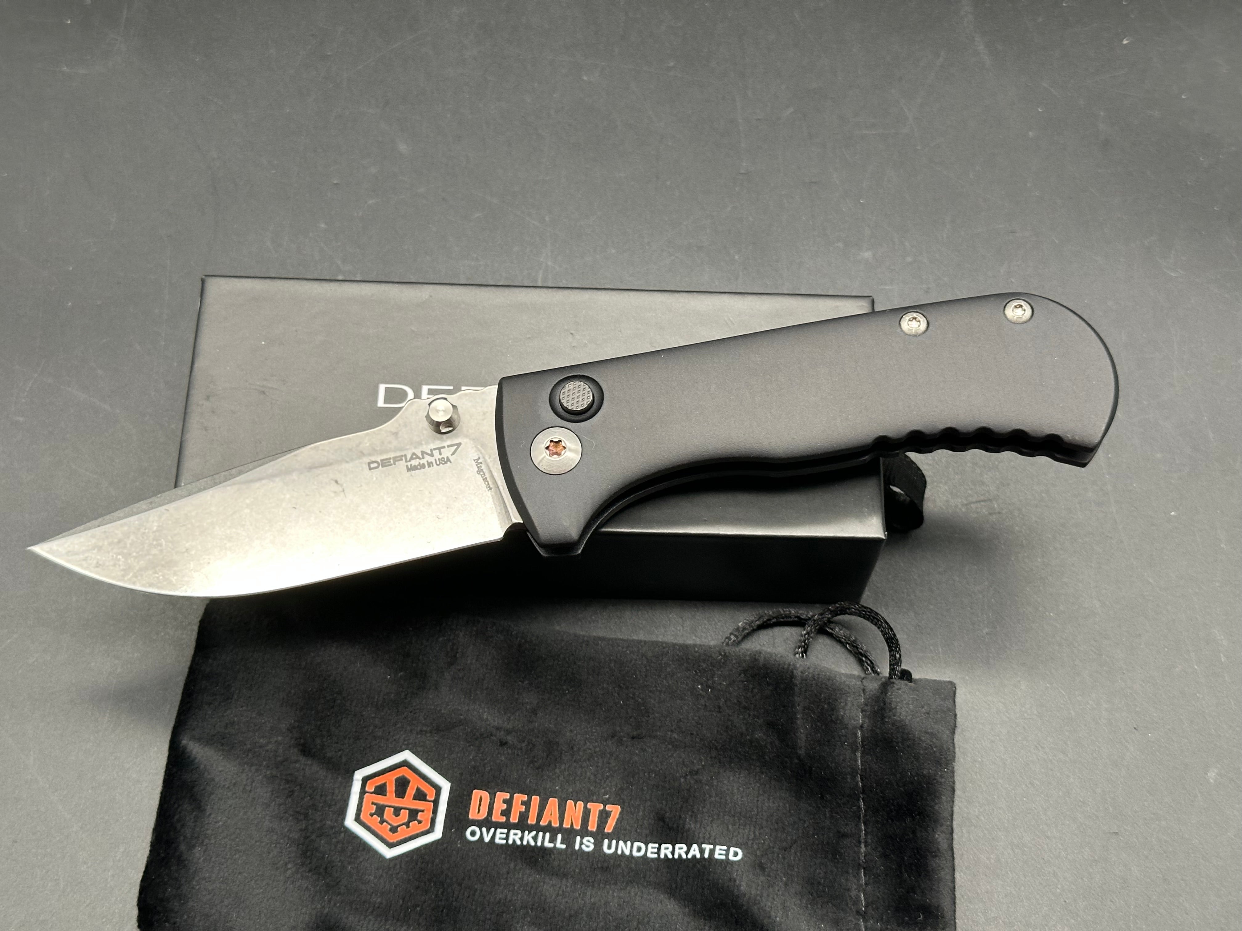 Defiant-7 Talos Button Lock with Magnacut Blade and Black Hardcoat Anodized Aluminum Handles