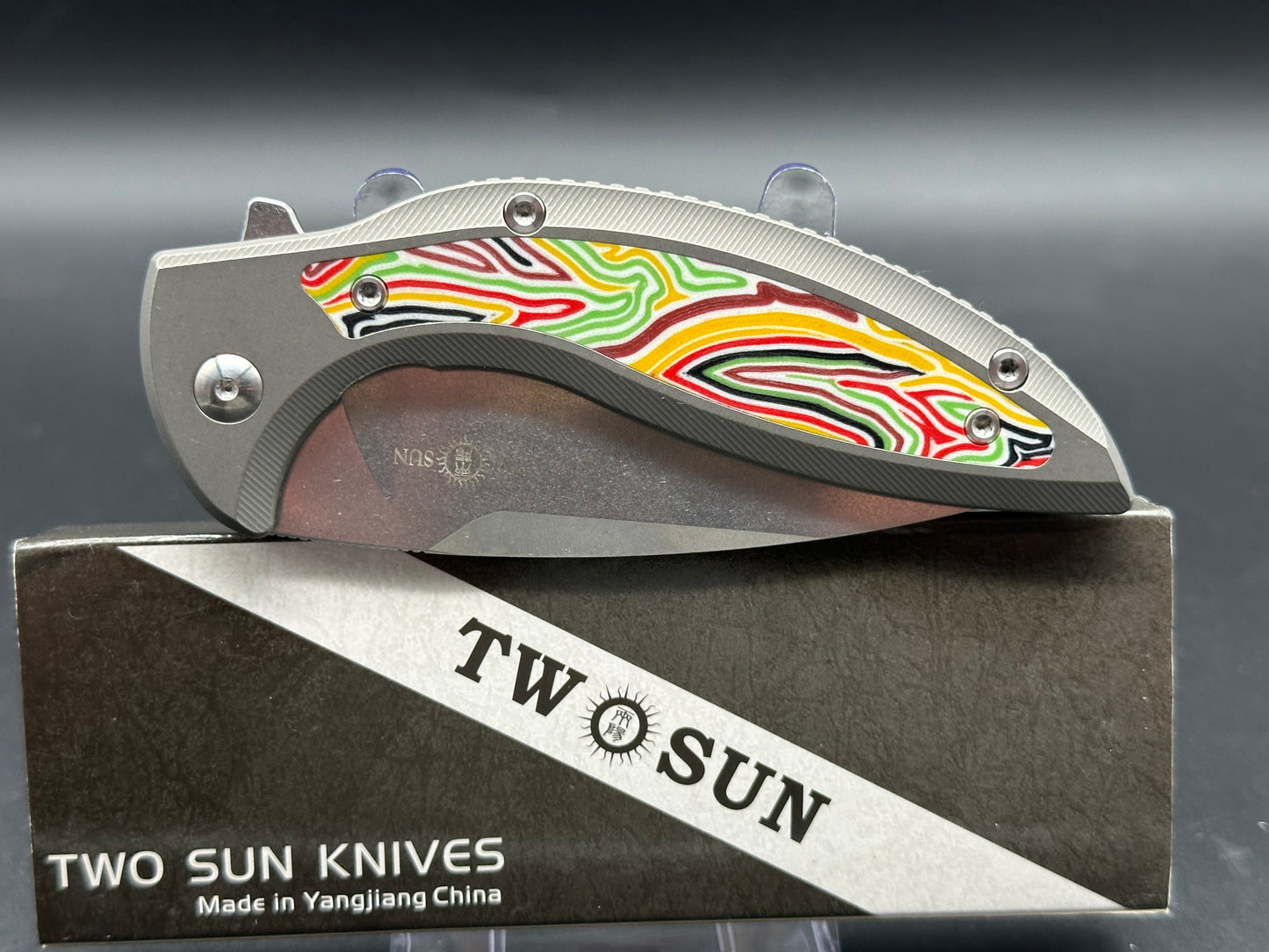 TWO SUN FOLDING KNIFE TITANIUM & MULTI-COLOR G10 HANDLE 14C28N PLAIN EDGE STONEWASH FINISH TS465