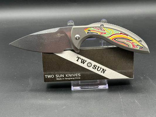 TWO SUN FOLDING KNIFE TITANIUM & MULTI-COLOR G10 HANDLE 14C28N PLAIN EDGE STONEWASH FINISH TS465