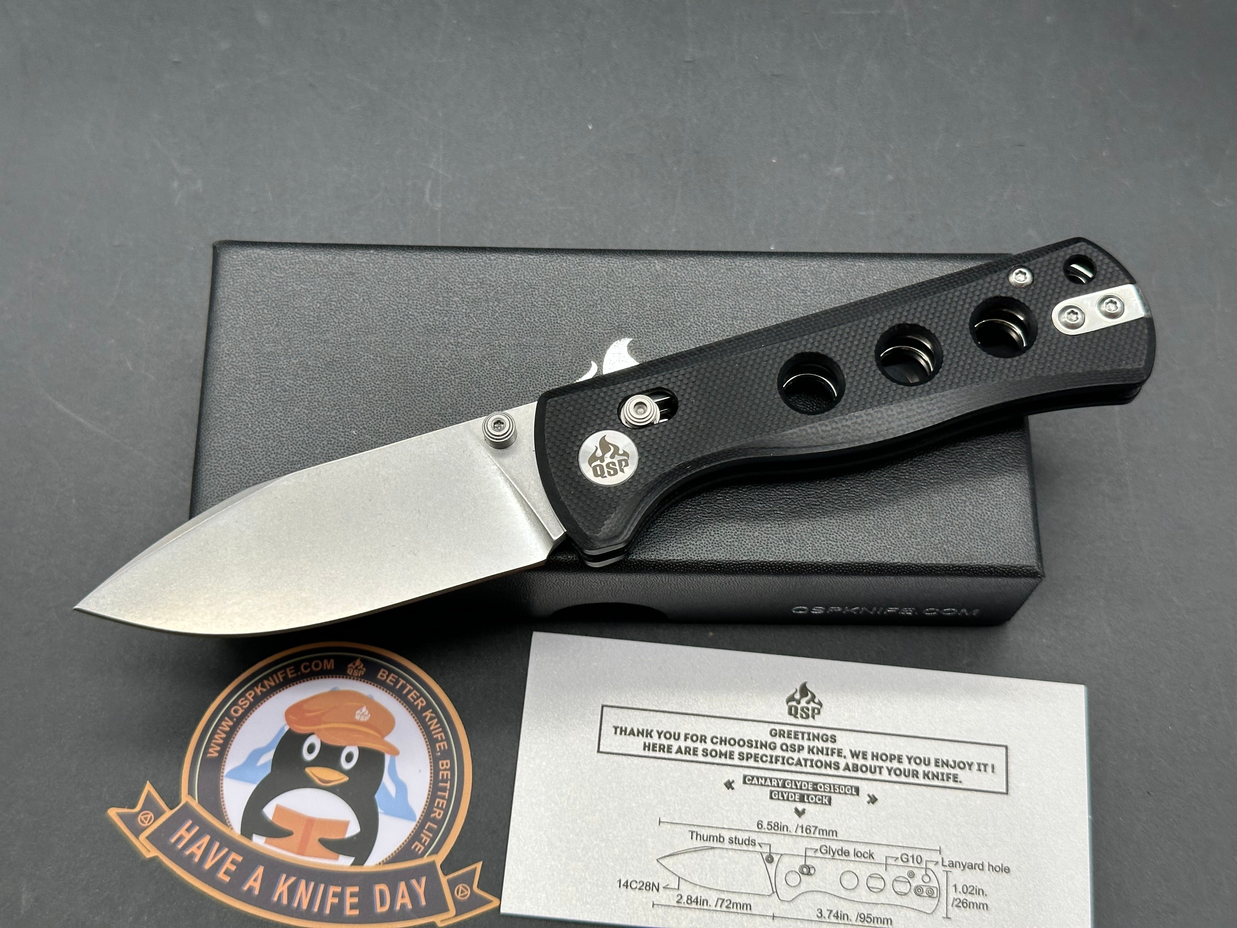 QSP Canary Glyde Lock 2.84" 14C28N Stonewash Blade with Black G10 Scales