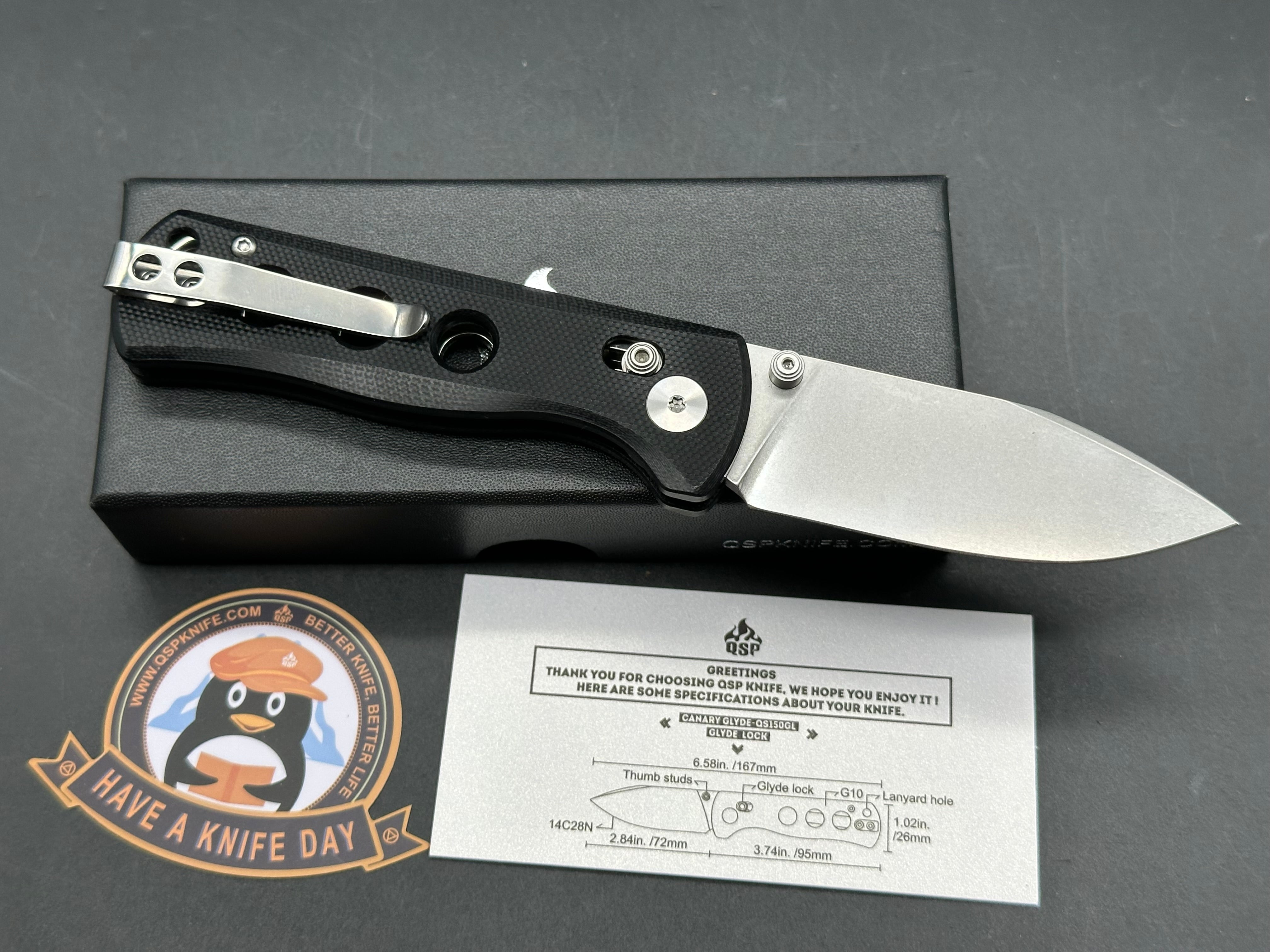QSP Canary Glyde Lock 2.84" 14C28N Stonewash Blade with Black G10 Scales