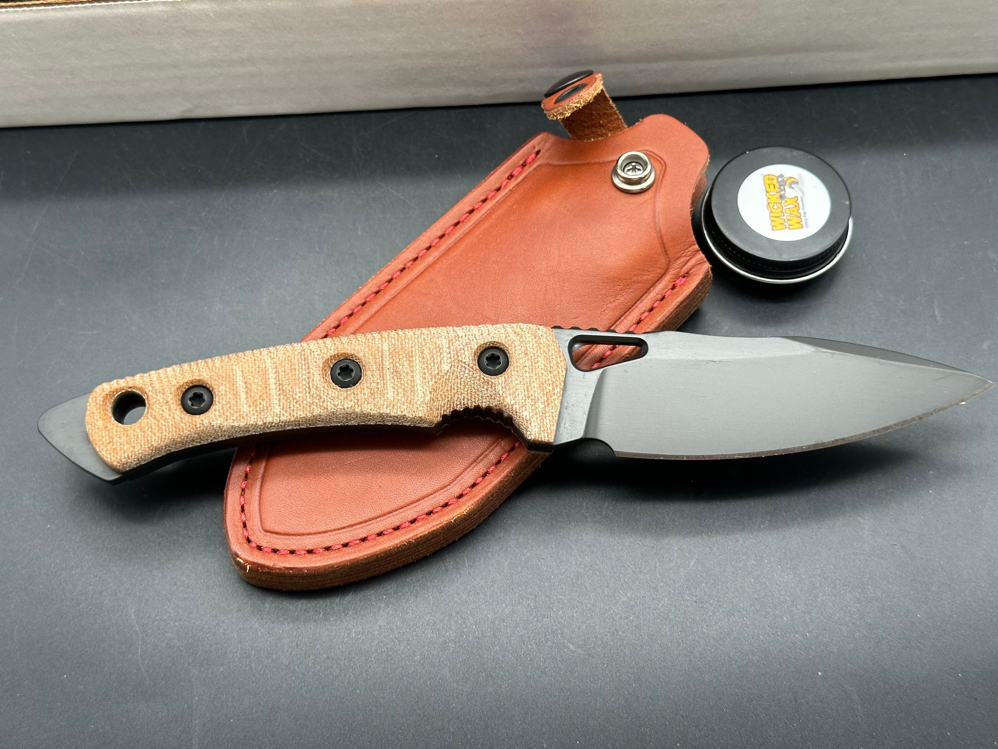 FOBOS Knives Cacula Fixed Blade Knife 4.31" CPM-S35VN Black PVD Drop Point, Natural Micarta w/ Black Liners
