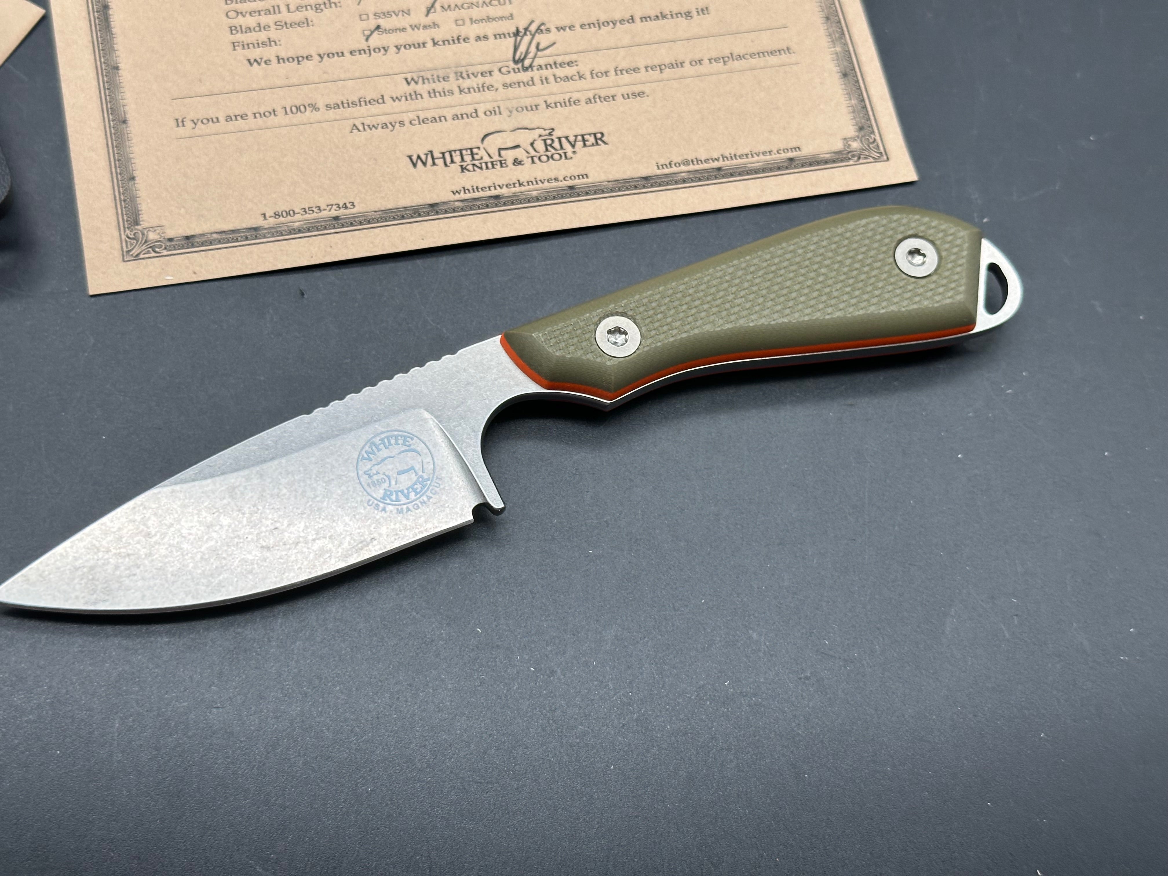 White River M1 Pro 3" CPM MagnaCut Stonewash Fixed Blade with OD Green Scales