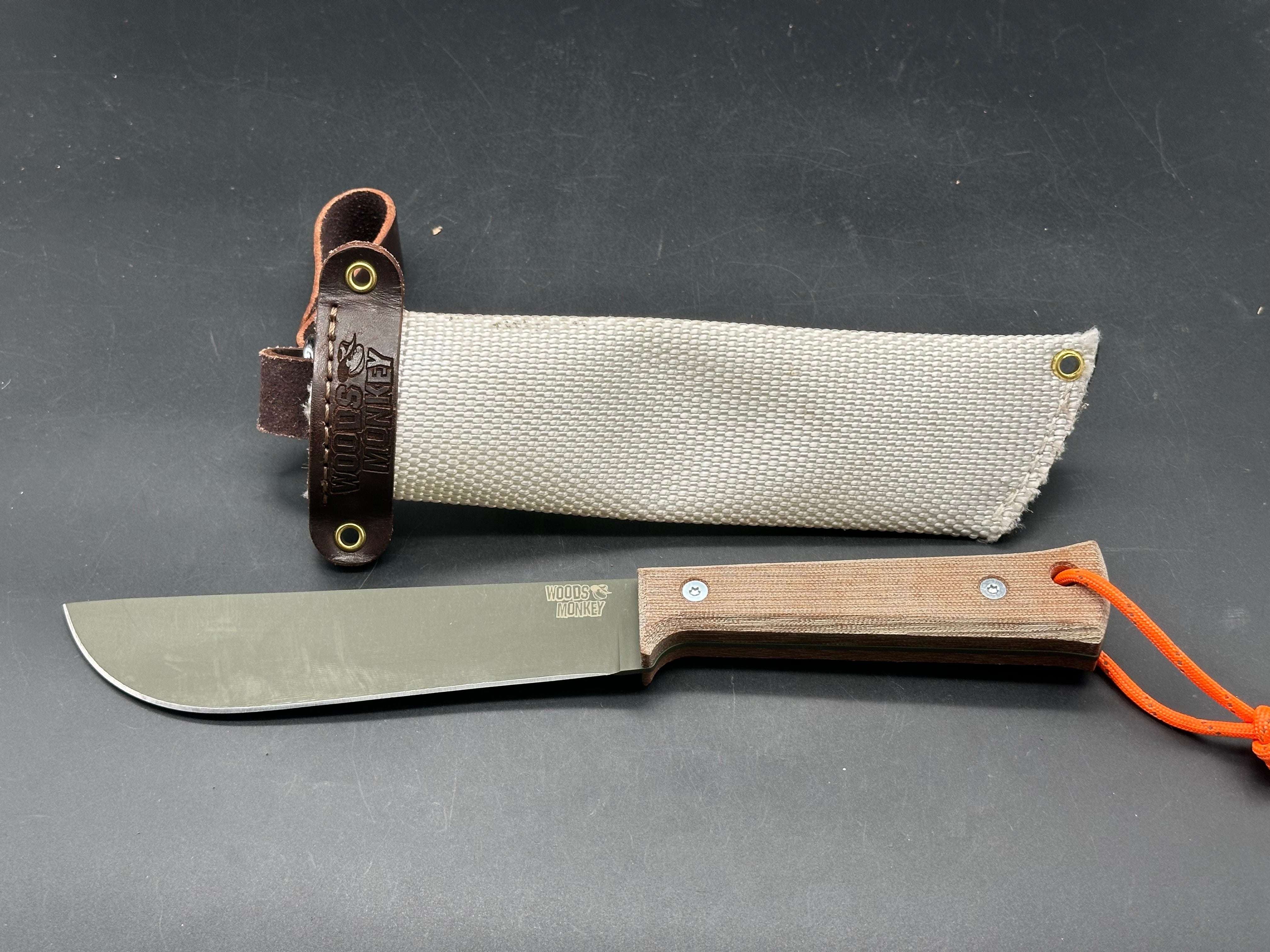 Woods Monkey Half Chete 1095 steel with OD green cerakote and natural canvas micarta handles